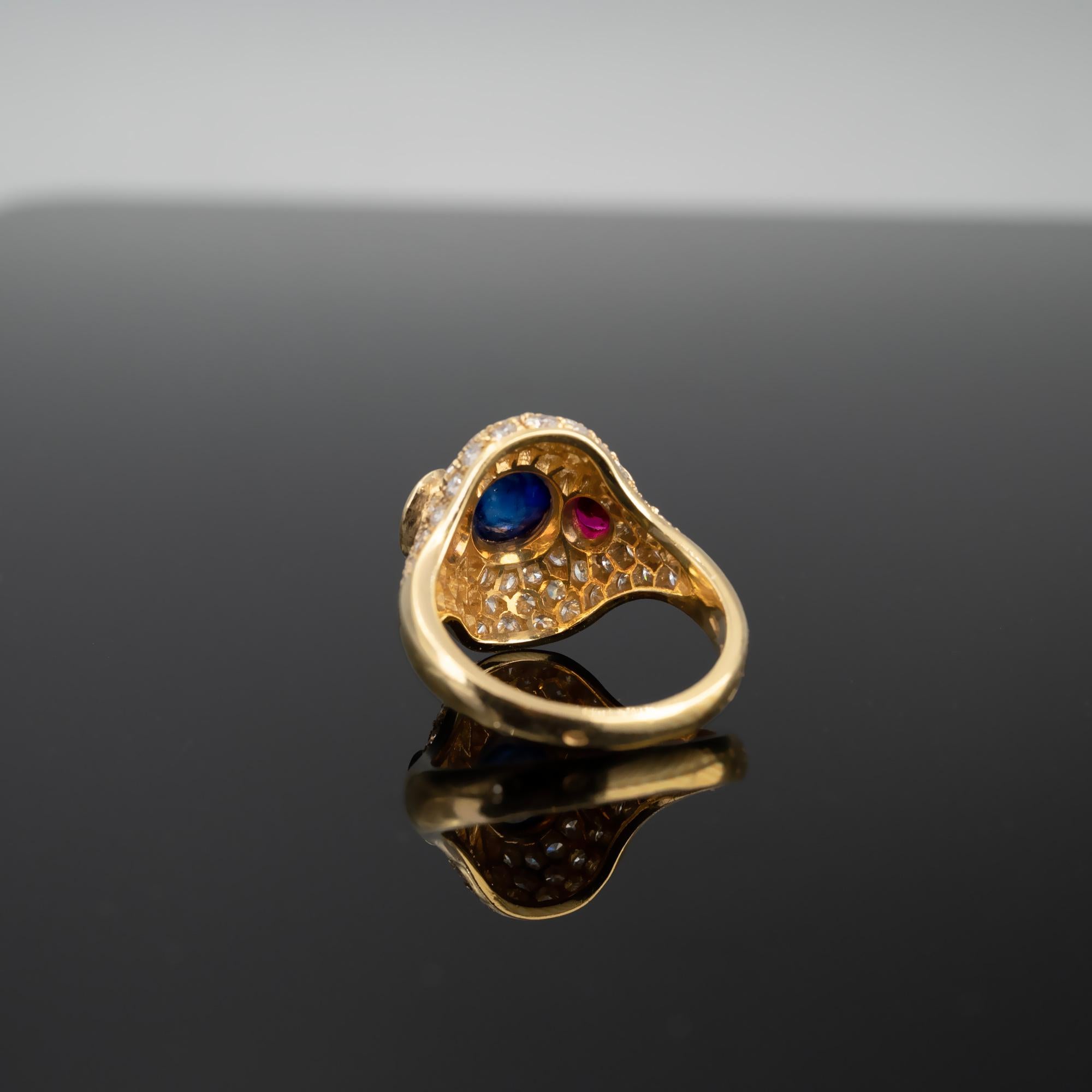Cabochon Sapphire Ruby and Diamond 18 Karat Gold Ring For Sale