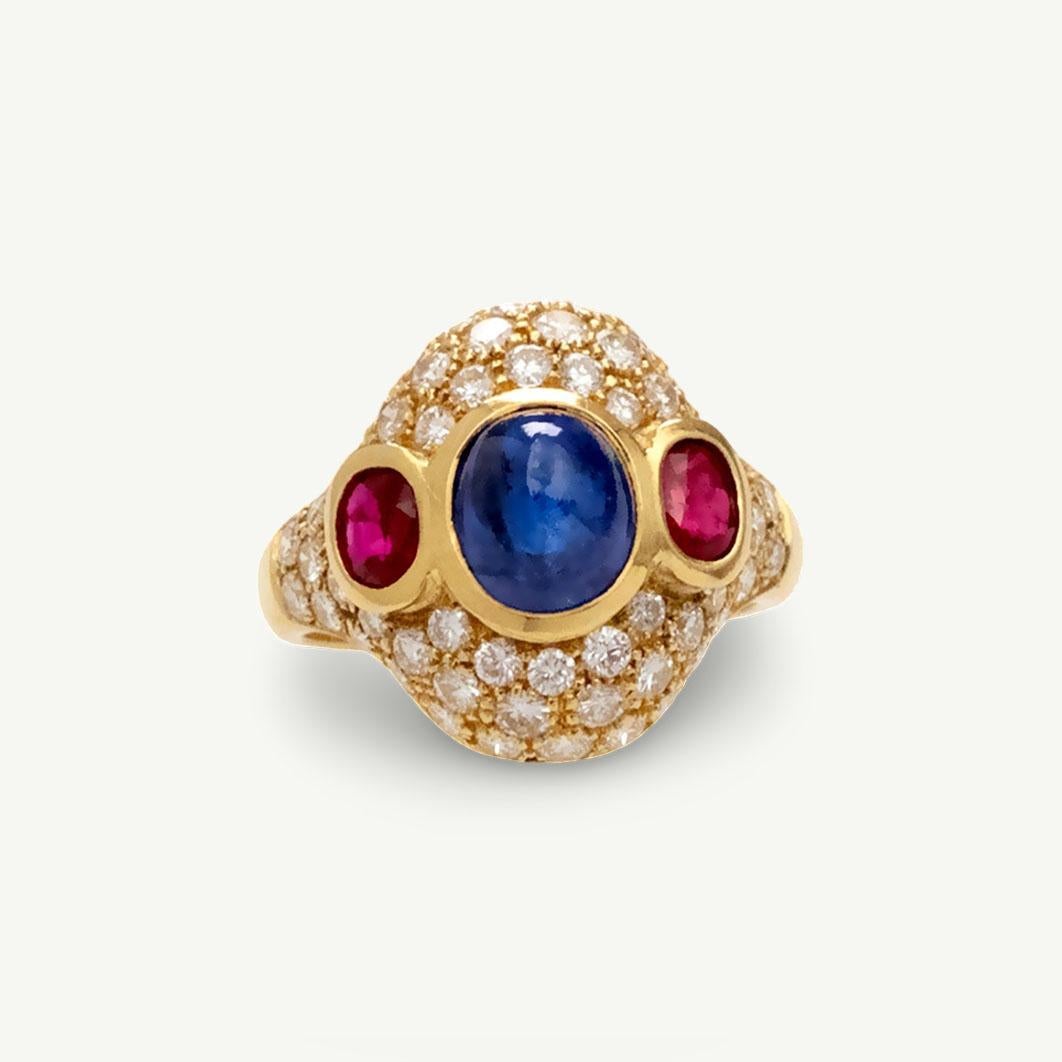 Bague en or 18 carats saphir, rubis et diamant en vente 2