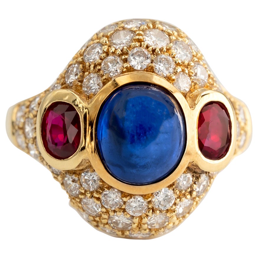 Sapphire Ruby and Diamond 18 Karat Gold Ring For Sale