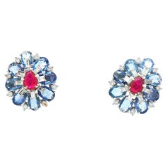 Sapphire, Ruby and Diamond 18kt White Gold Earrings