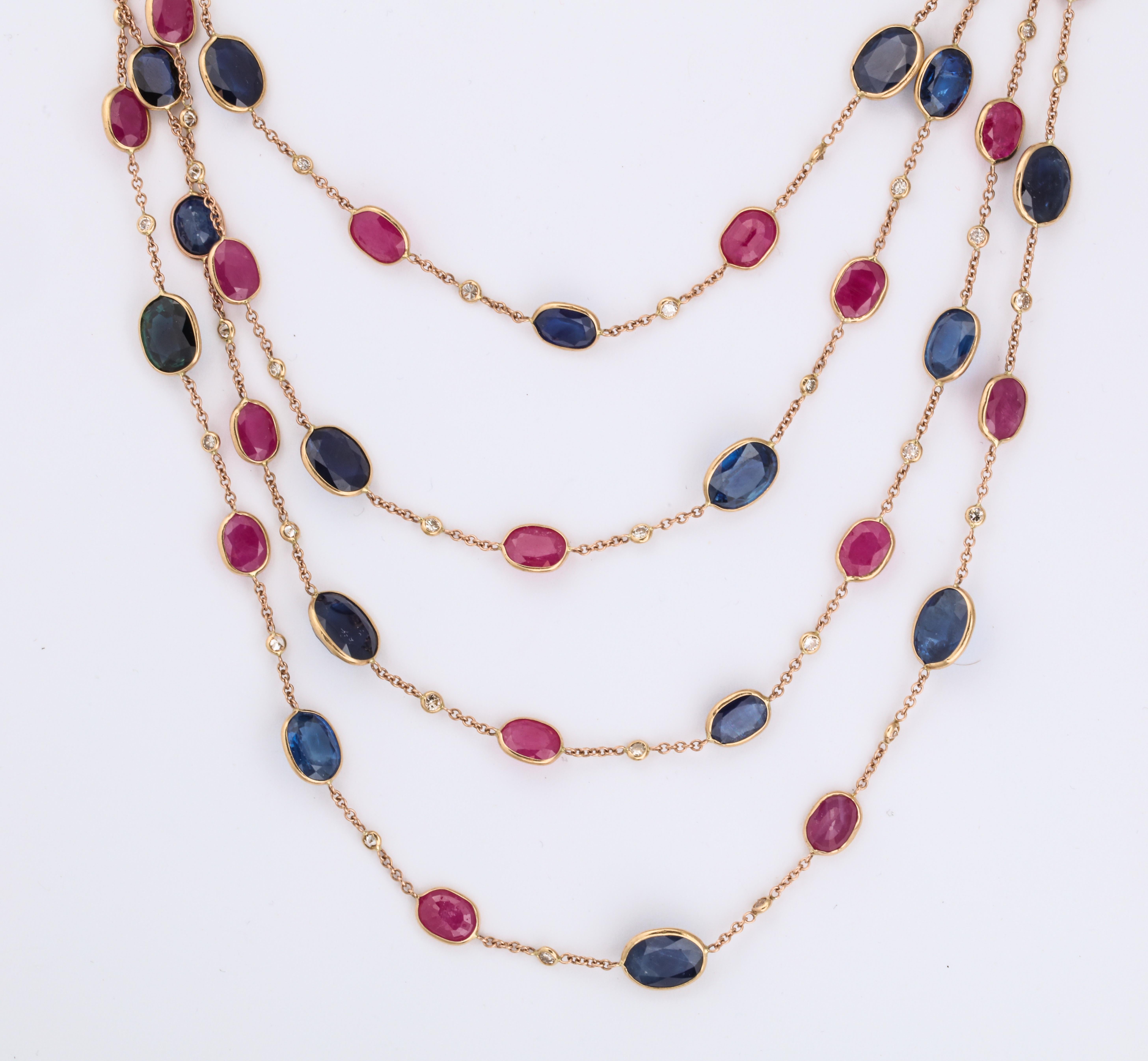 Superb length ruby, sapphire and diamond necklace mounted in pink gold

Approx 107.10 ct sapphire, 55.55 ct ruby, 3.85 ct diamond

The necklace is 42 inches (3 and a half feet) long!

Can be layered multiple times