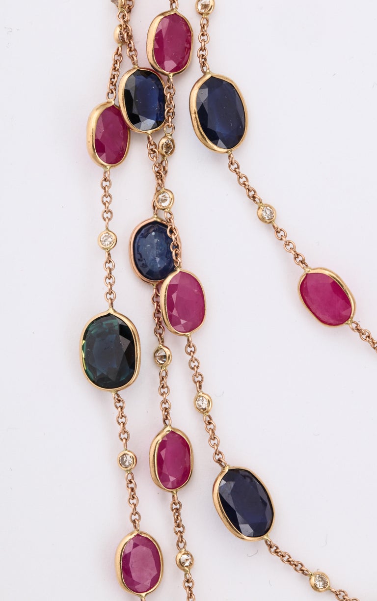 Sapphire Ruby and Diamond Long Chain Necklace For Sale at 1stDibs