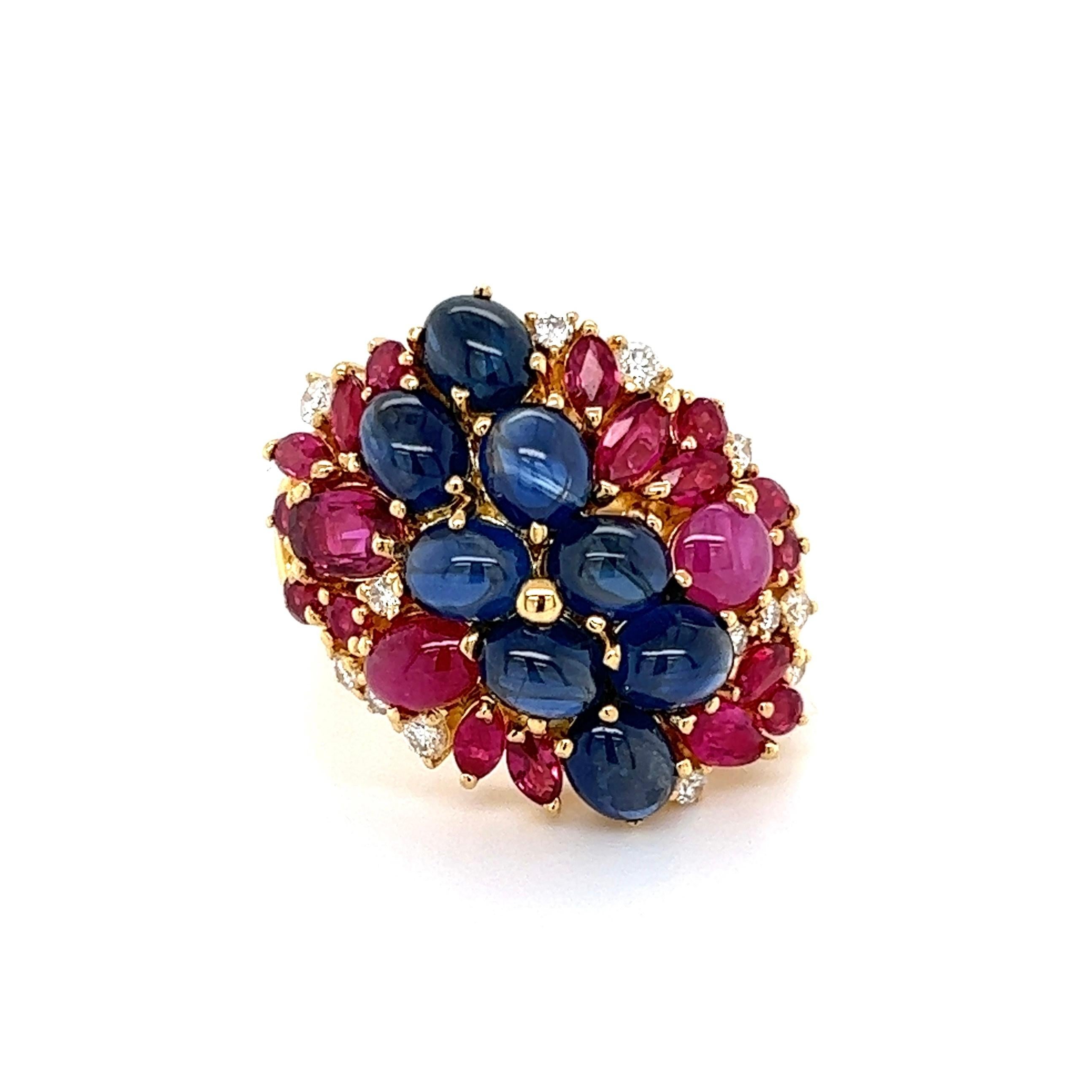 Mixed Cut Vintage Sapphire Ruby and Diamond Gold Cocktail Cluster Ring For Sale