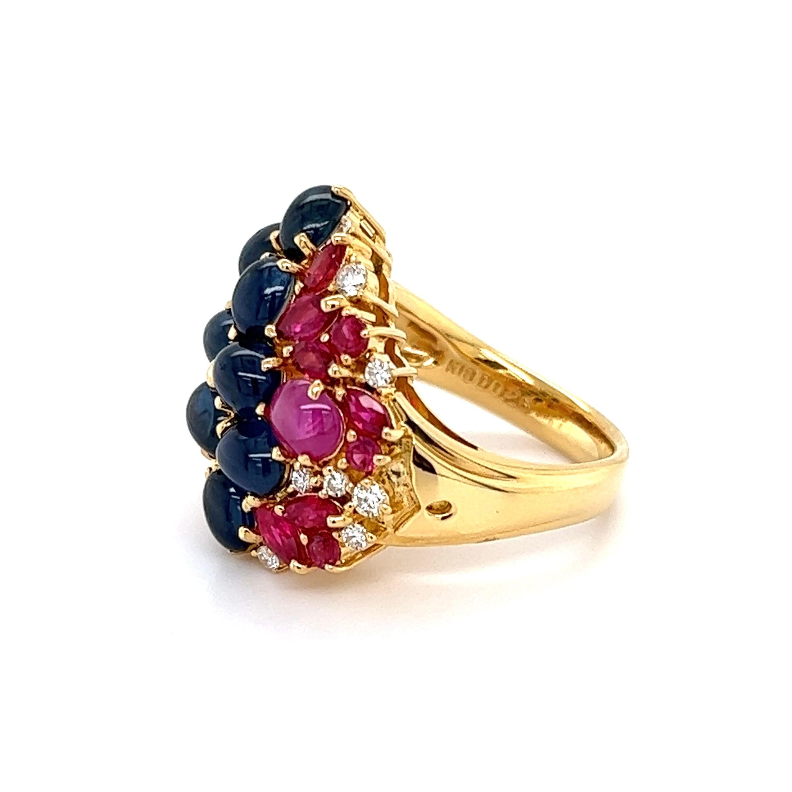Vintage Sapphire Ruby and Diamond Gold Cocktail Cluster Ring For Sale 1