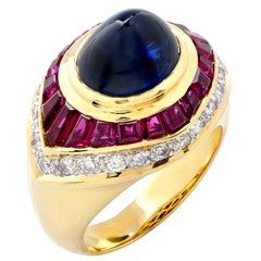 Sapphire, Ruby and Diamond Ring Set in 18 Karat Yellow Gold