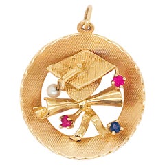 Vintage Sapphire, Ruby and Pearl Graduation Cap Large Charm or Pendant in 14 Karat Gold