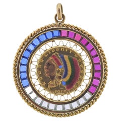 Sapphire Ruby Aquamarine Indian Head Coin Gold Pendant Charm