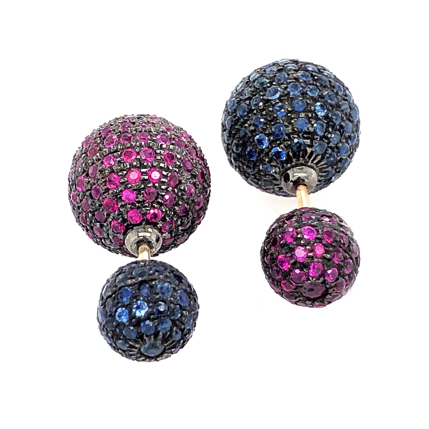 Women's Sapphire & Ruby Ball Earrings Made In 14k Gold & Silver For Sale