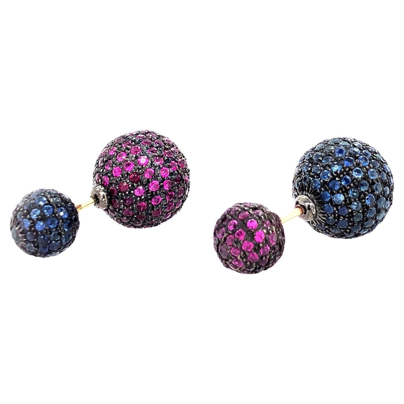 Sapphire & Ruby Ball Earrings Made In 14k Gold & Silver For Sale