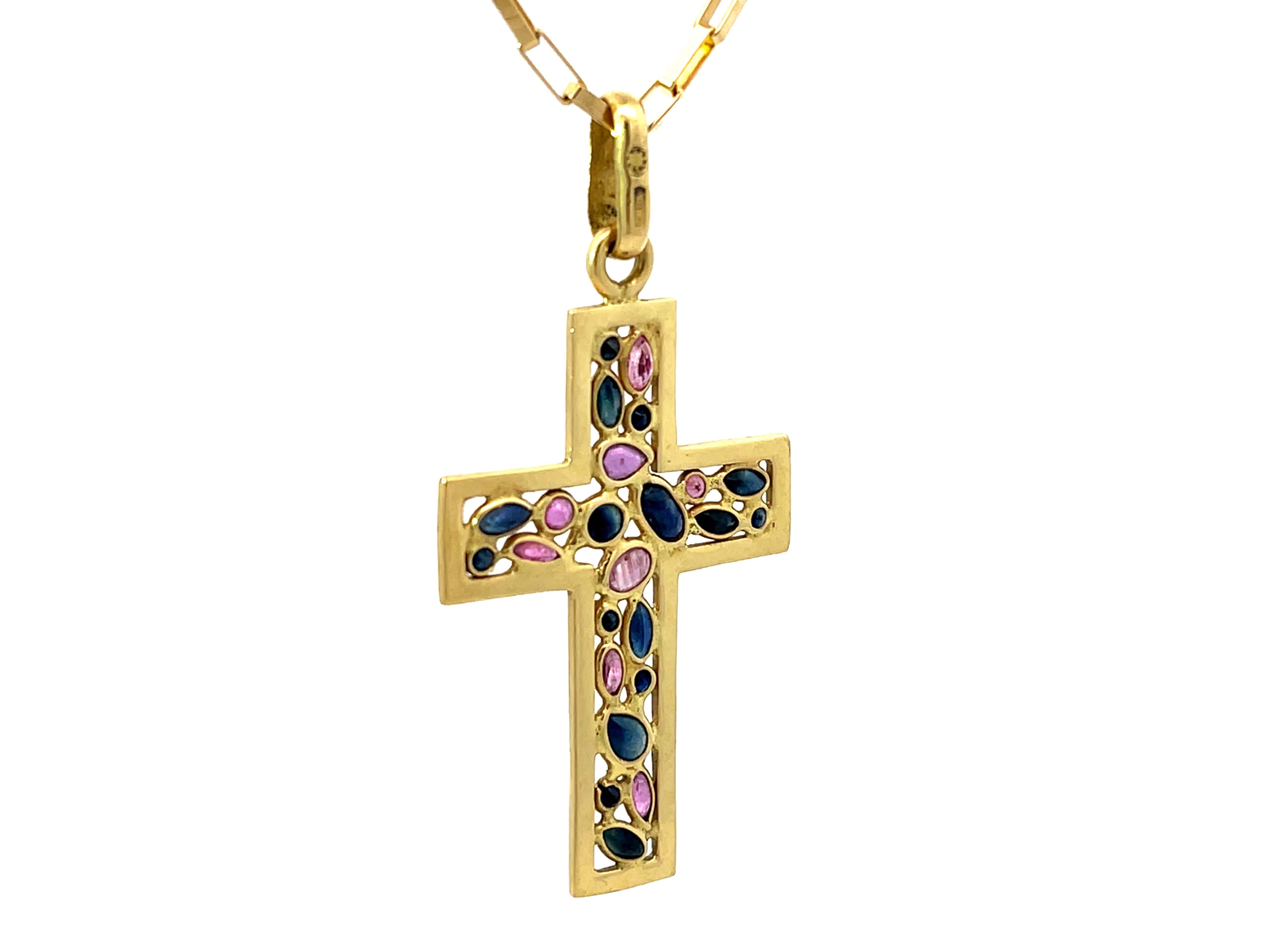 Colgante Cruz Zafiro Rubí y Cadena Oro Amarillo Macizo 18k Moderno en venta