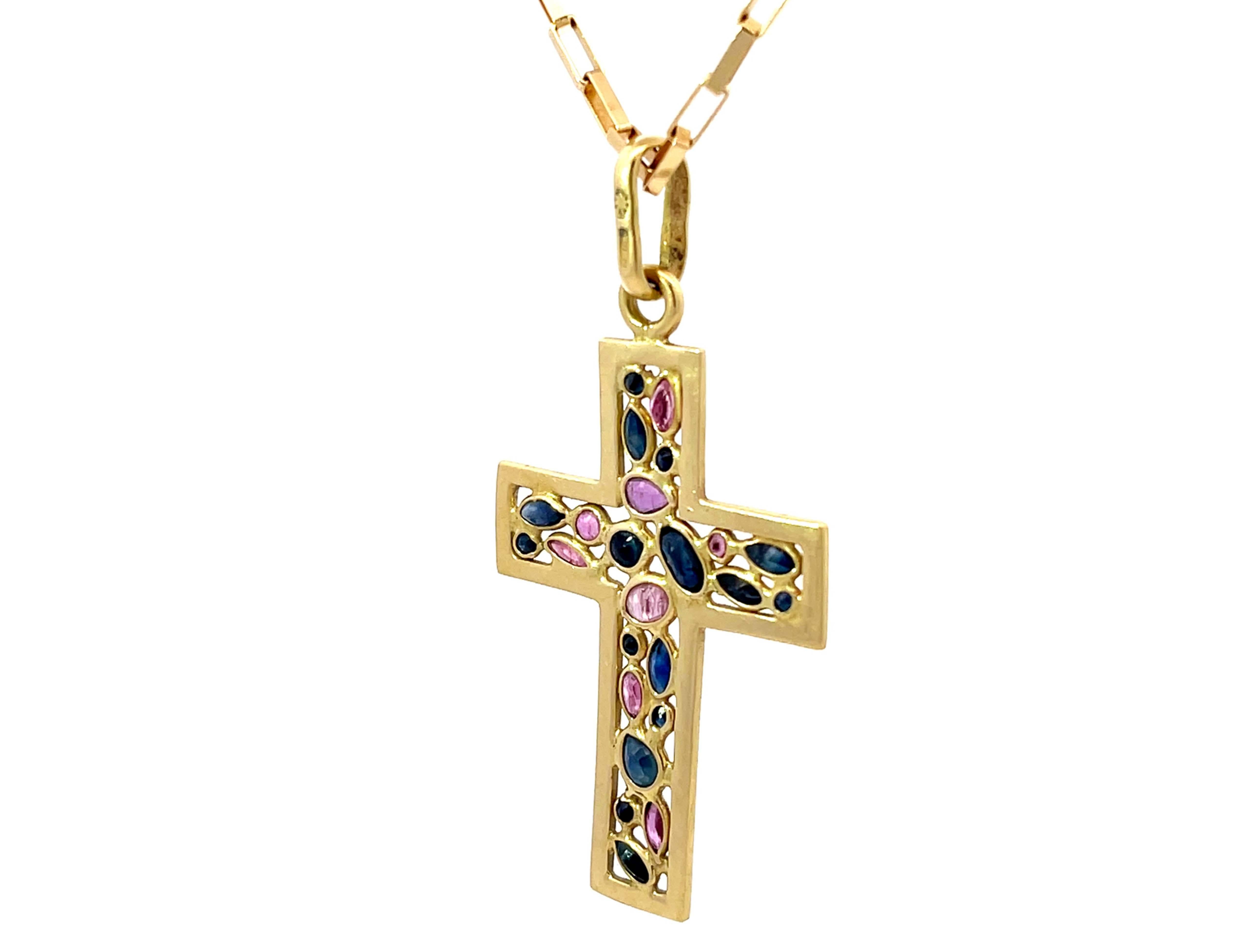 Colgante Cruz Zafiro Rubí y Cadena Oro Amarillo Macizo 18k Corte oval en venta