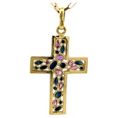 Saphir-Rubin-Kreuz-Anhänger und Kette aus massivem 18 Karat Gelbgold