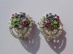 Sapphire Ruby Demantoid Garnet Diamond Platinum Giardinetto Flower Vase Earrings