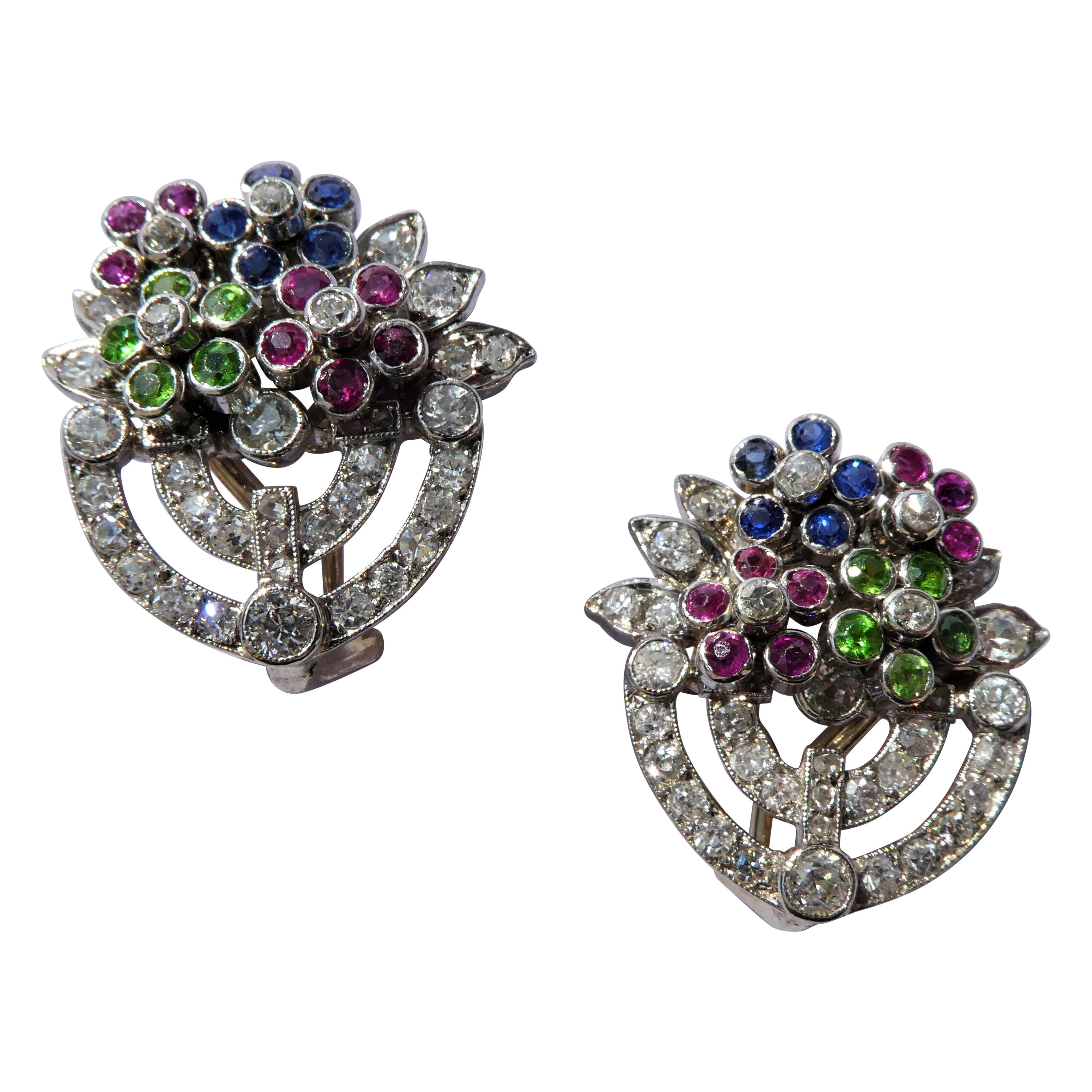Sapphire Ruby Demantoid Garnet Diamond Platinum Giardinetto Flower Vase Earrings For Sale