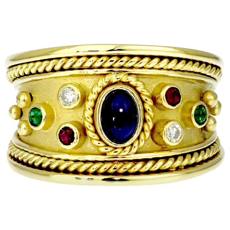 Sapphire, Ruby, Diamond and Emerald Tapered Templar Ring in 18 Carat Yellow Gold For Sale