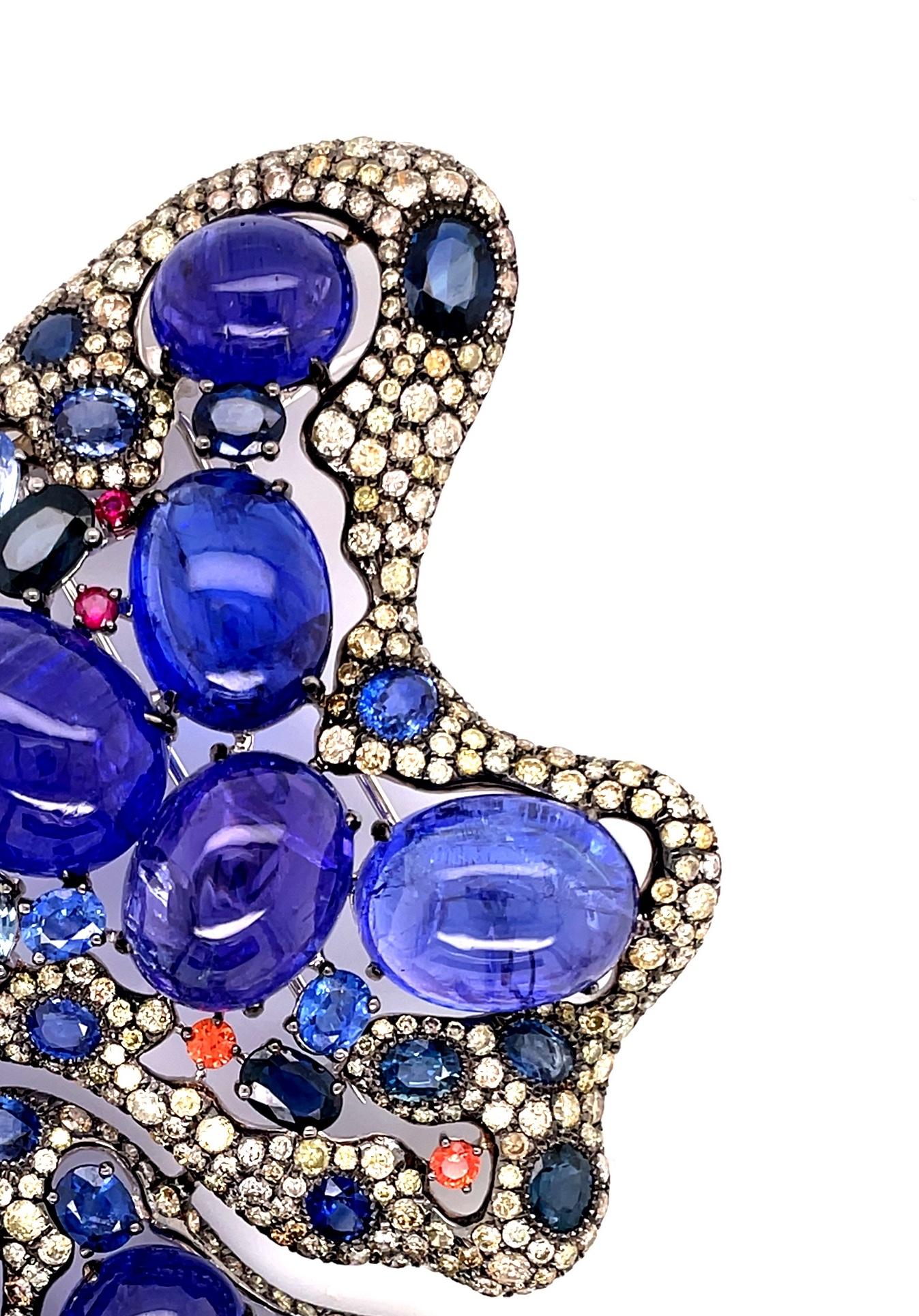 Cabochon Sapphire Ruby Diamond and Tanzanite Butterfly Brooch For Sale