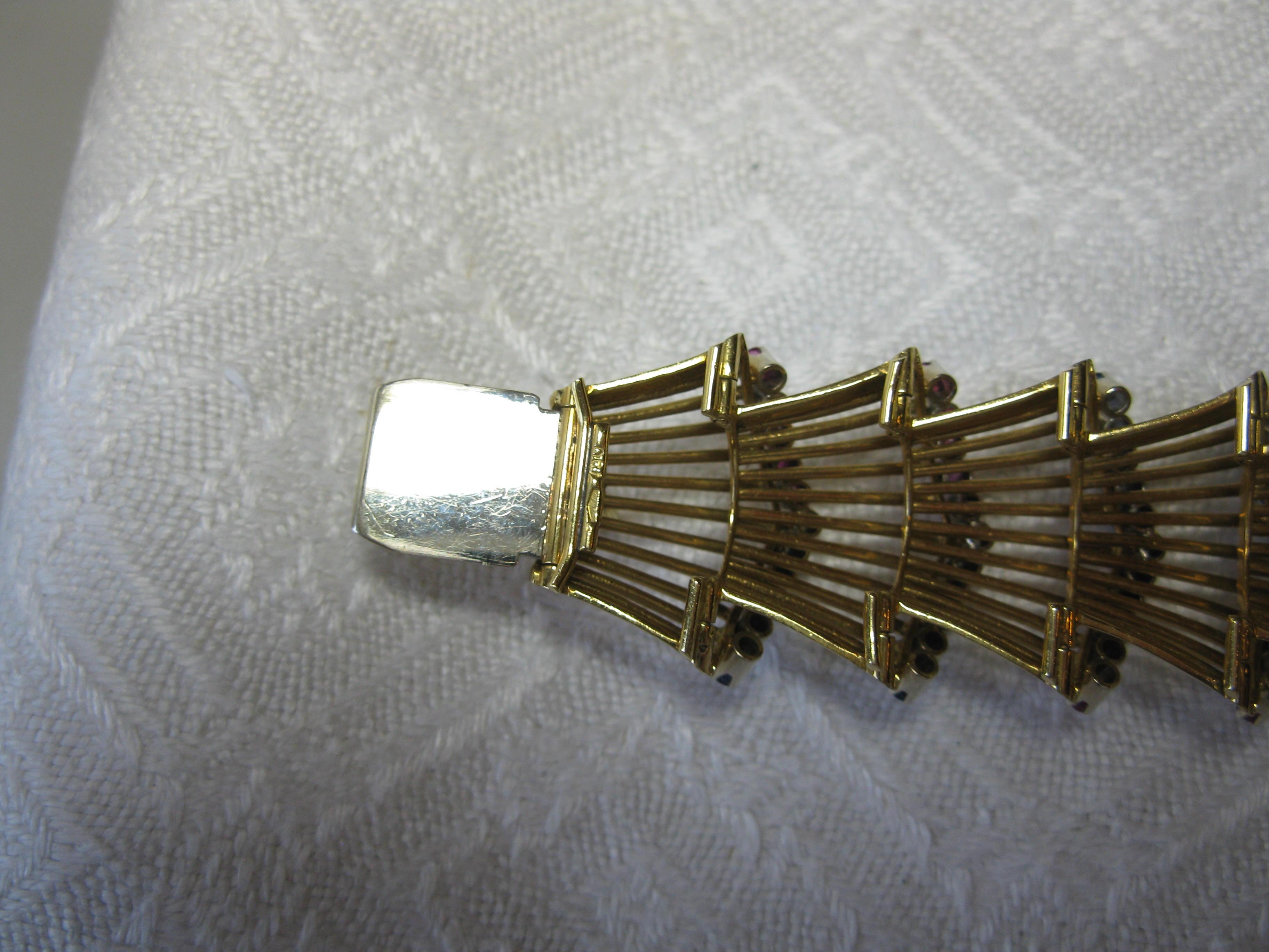 Sapphire Ruby Diamond Bracelet 18 Karat Gold Art Deco Mid-Century Modern 7