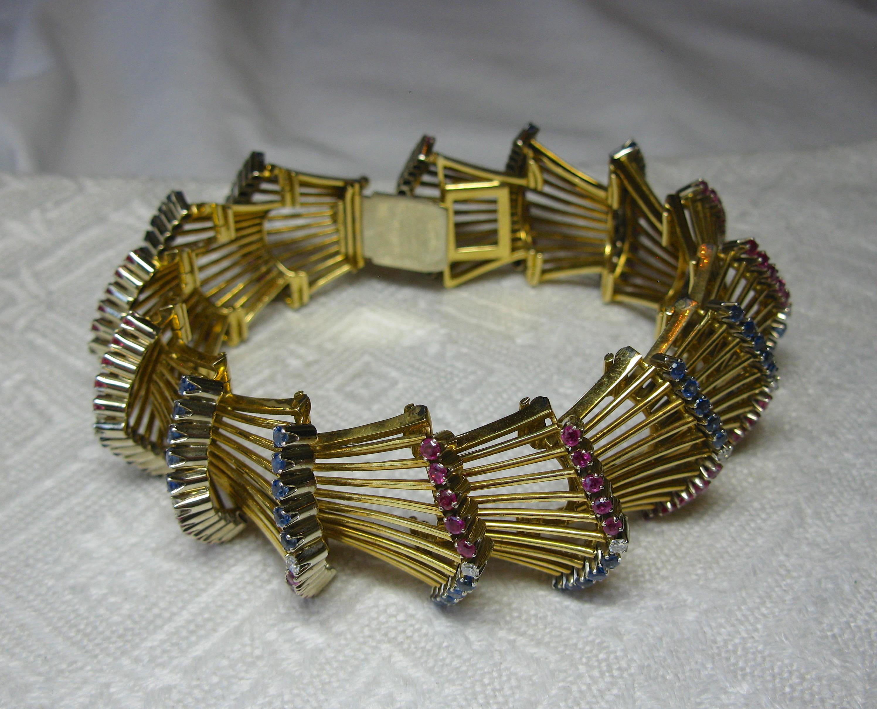 Sapphire Ruby Diamond Bracelet 18 Karat Gold Art Deco Mid-Century Modern In Good Condition In New York, NY