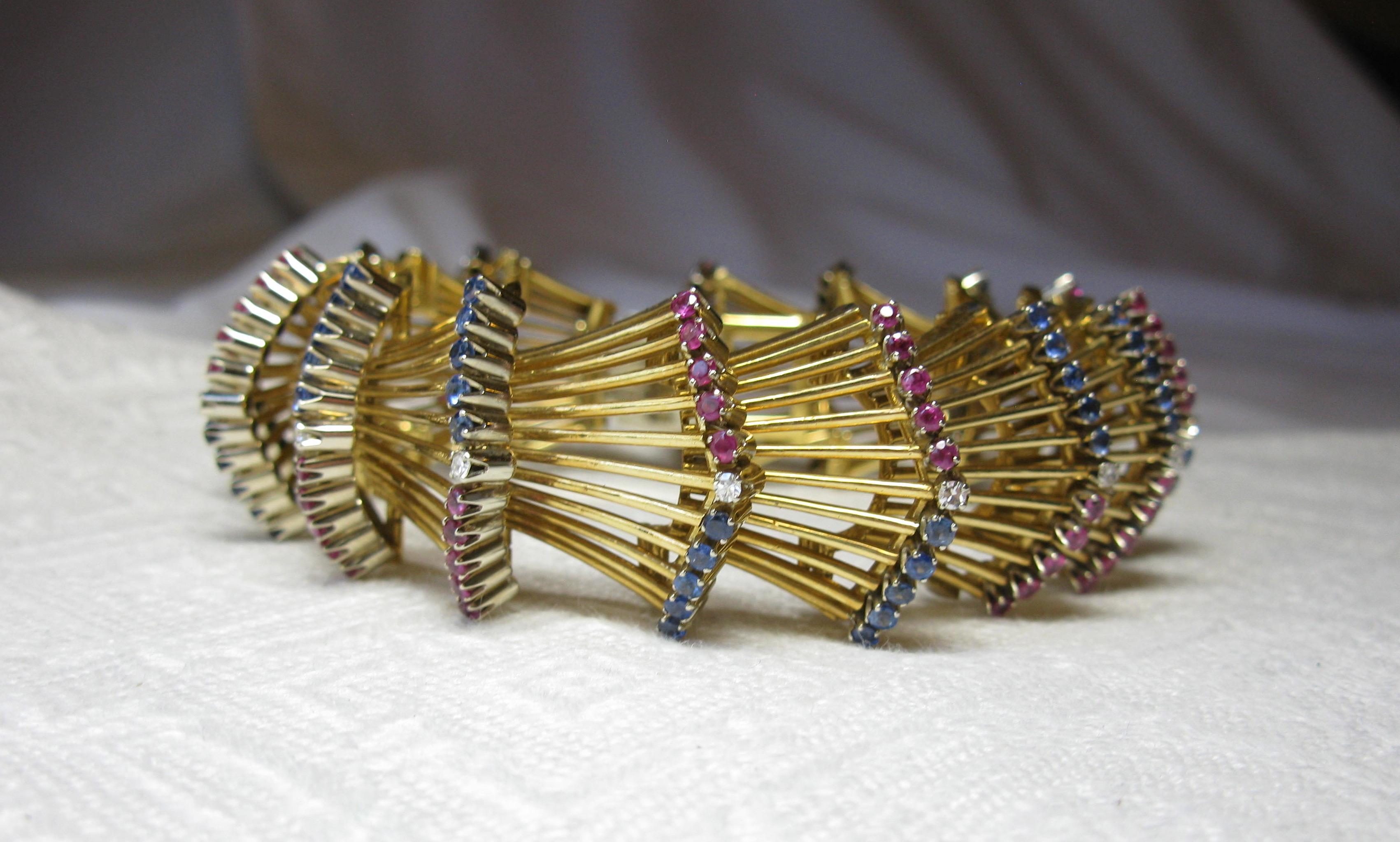 Women's Sapphire Ruby Diamond Bracelet 18 Karat Gold Art Deco Mid-Century Modern
