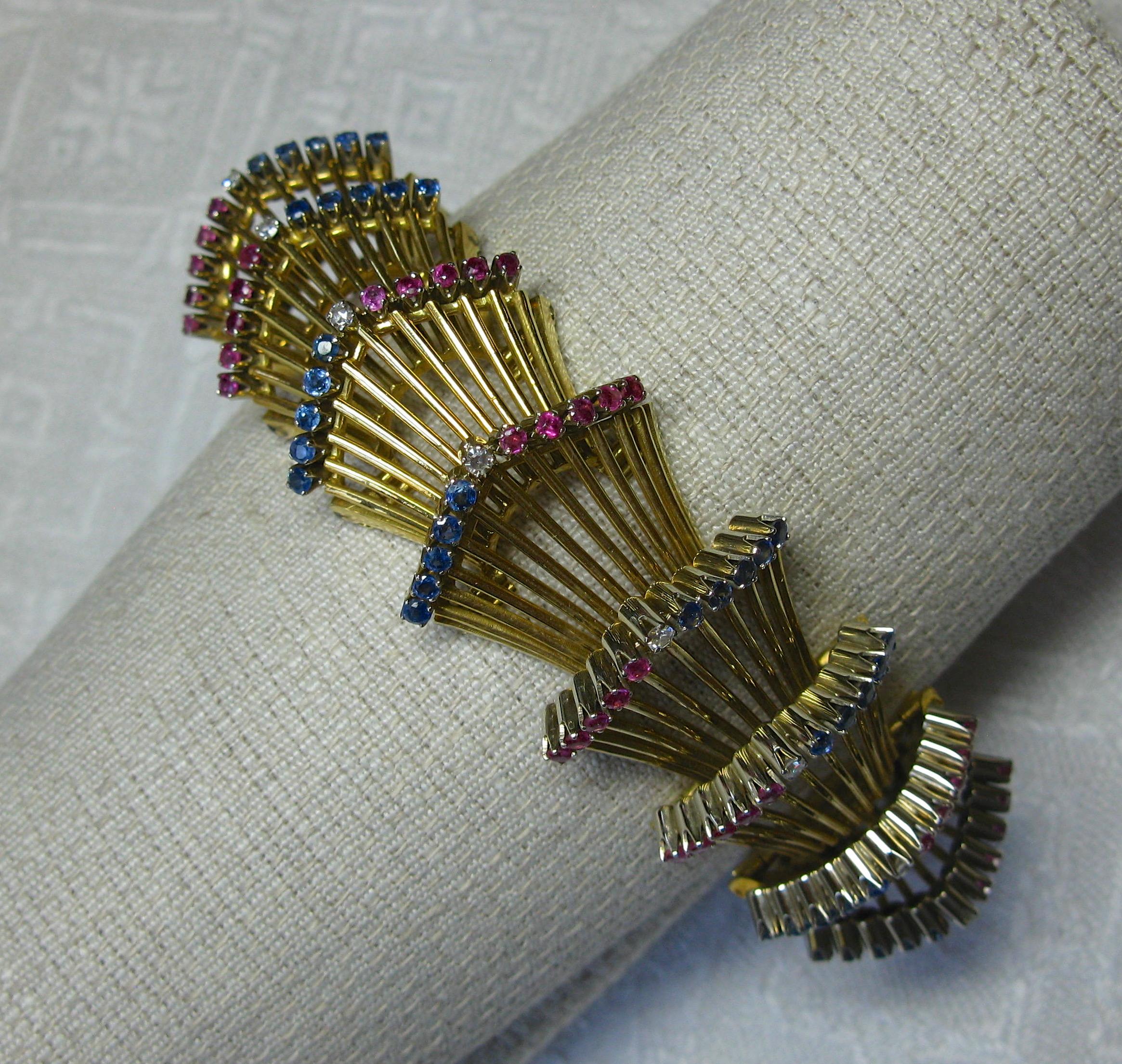 Sapphire Ruby Diamond Bracelet 18 Karat Gold Art Deco Mid-Century Modern 1