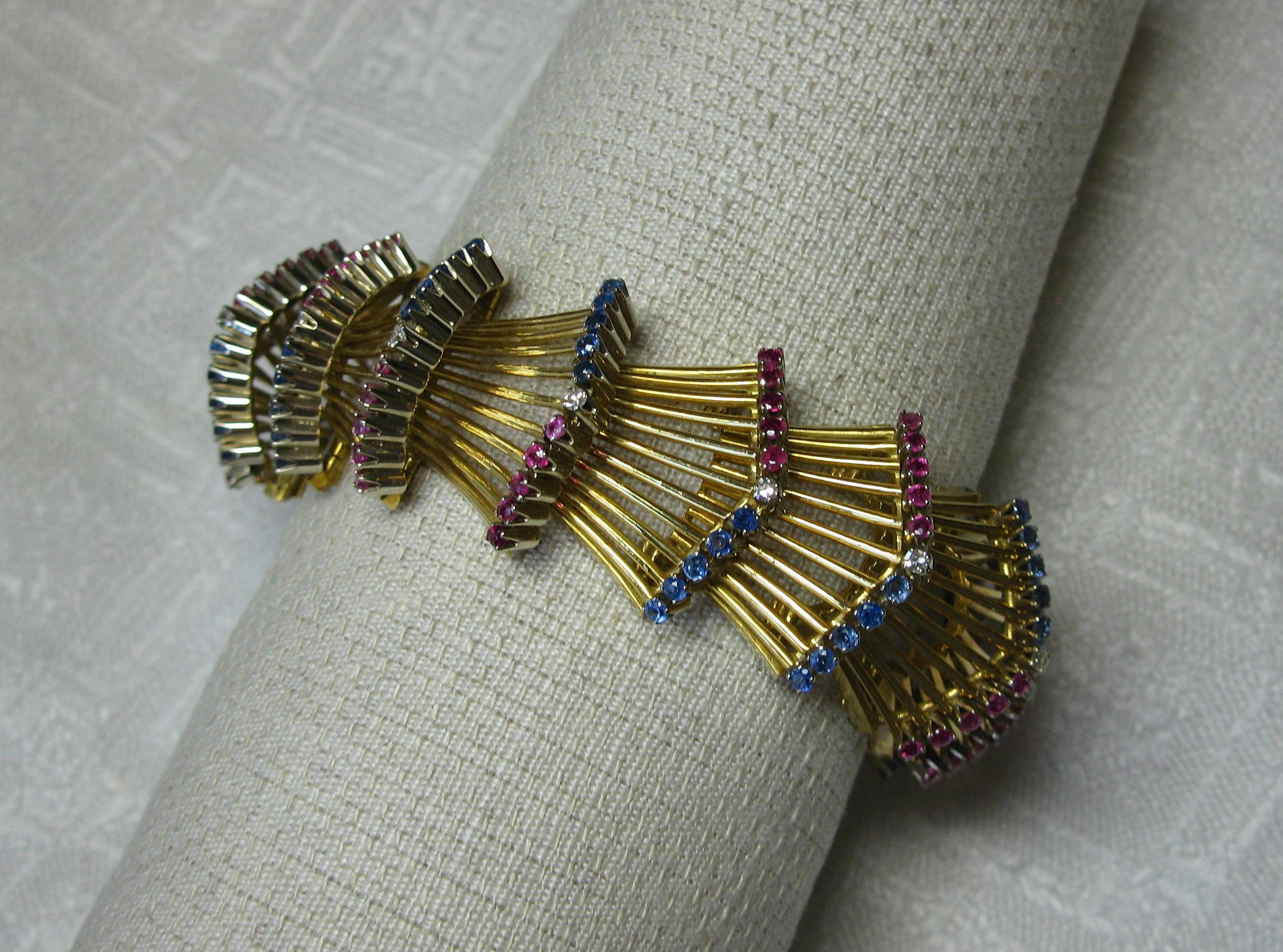 Sapphire Ruby Diamond Bracelet 18 Karat Gold Art Deco Mid-Century Modern 2
