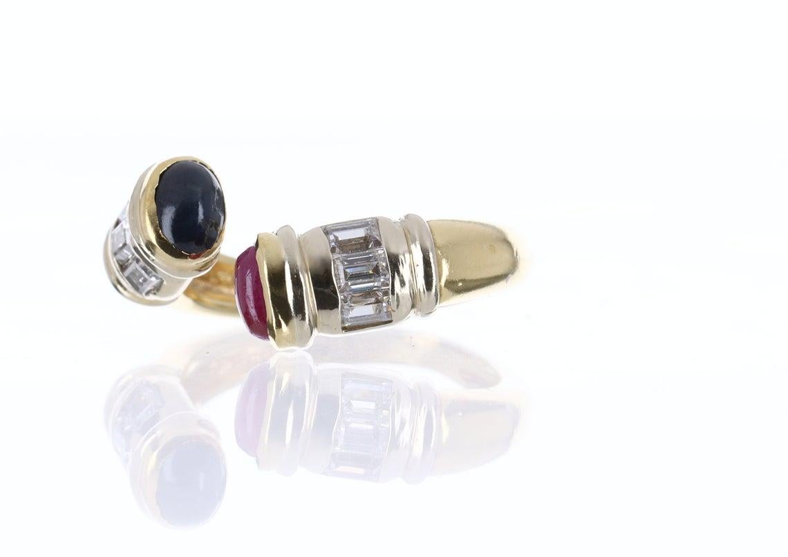 Baguette Cut Sapphire, Ruby, Diamond Cuff Ring 14K For Sale