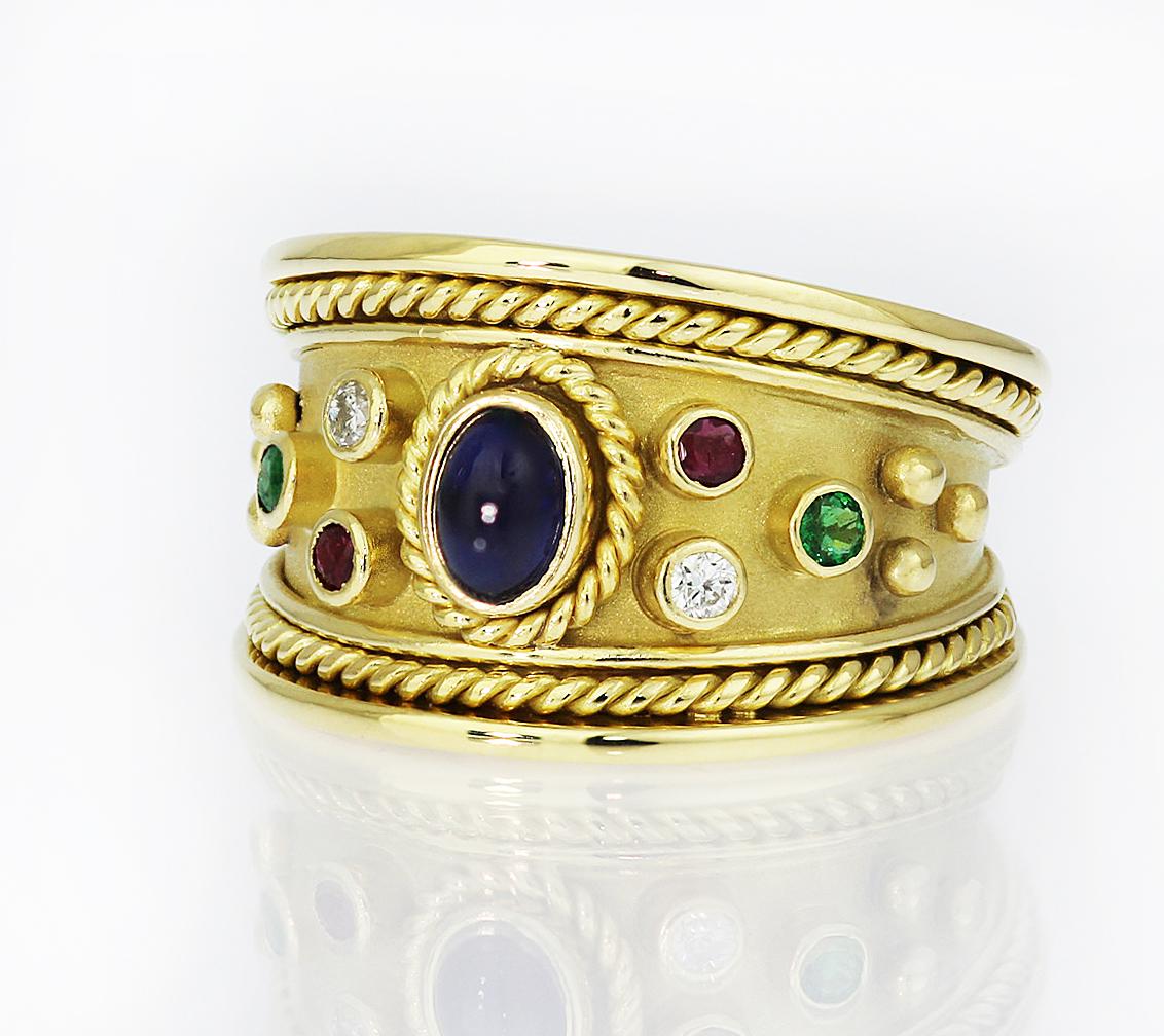 Cabochon Sapphire, Ruby, Diamond and Emerald Tapered Templar Ring in 18 Carat Yellow Gold For Sale