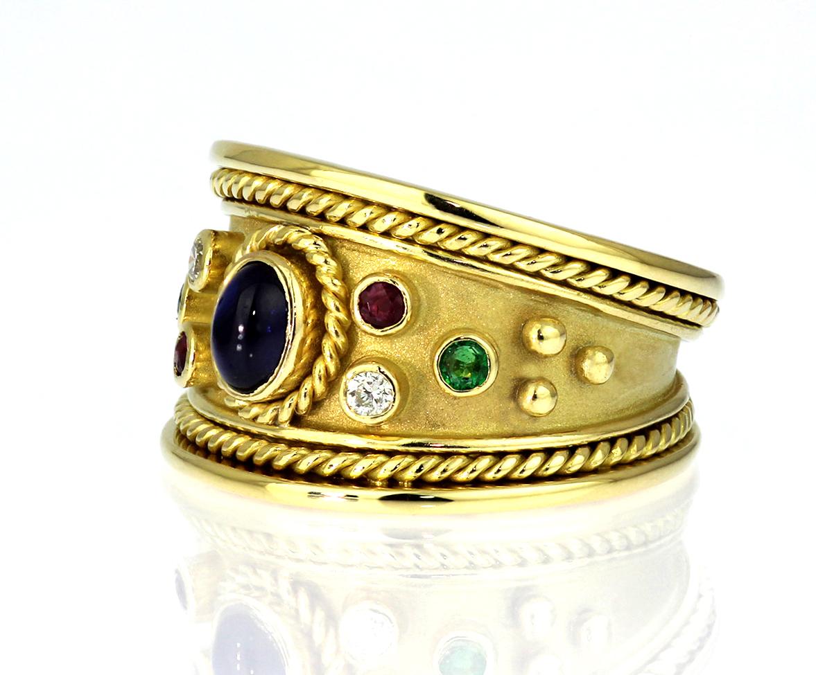 Sapphire, Ruby, Diamond and Emerald Tapered Templar Ring in 18 Carat Yellow Gold In Excellent Condition For Sale In London, GB