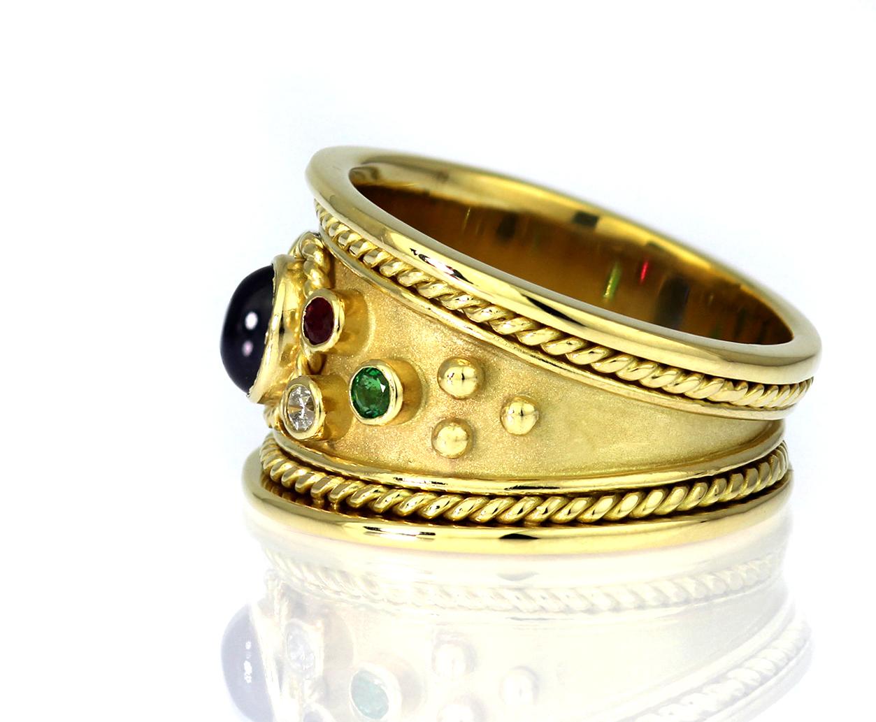 Women's Sapphire, Ruby, Diamond and Emerald Tapered Templar Ring in 18 Carat Yellow Gold For Sale