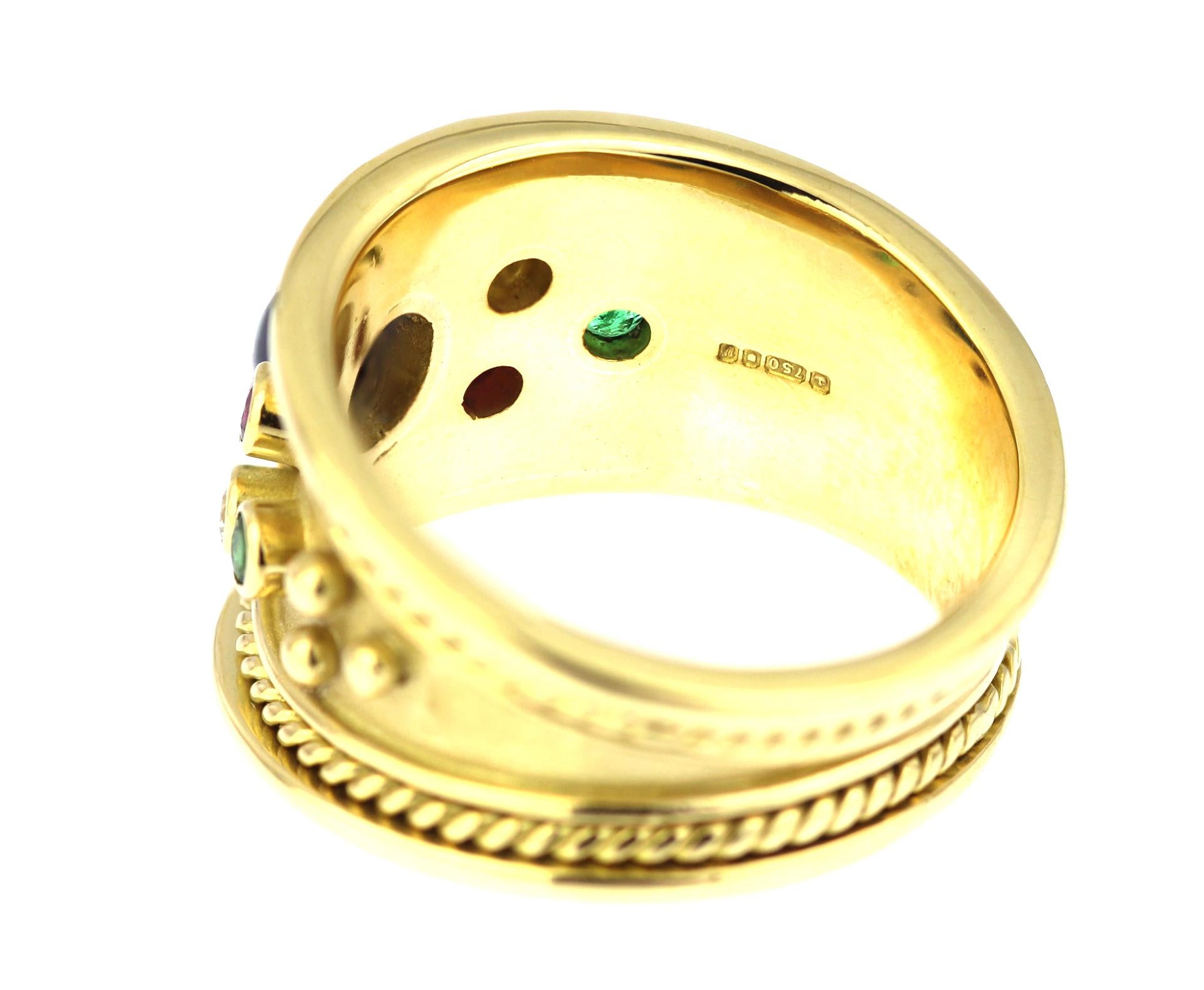 Sapphire, Ruby, Diamond and Emerald Tapered Templar Ring in 18 Carat Yellow Gold For Sale 1