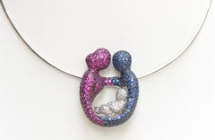 Sapphire, Ruby, Diamond Father, Mother and Child Necklace Set 18K White Gold