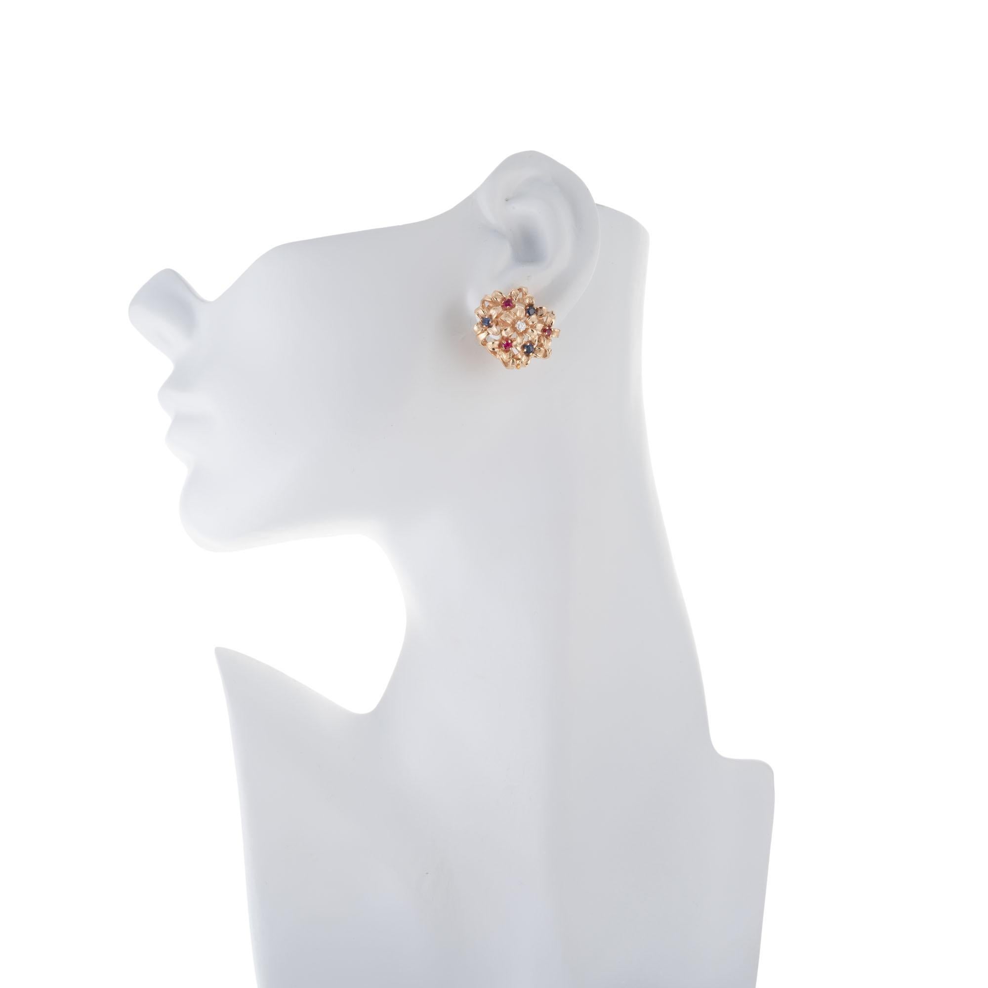 Sapphire Ruby Diamond Gold En Tremblant Clip Post Gold Flower Earrings For Sale 1