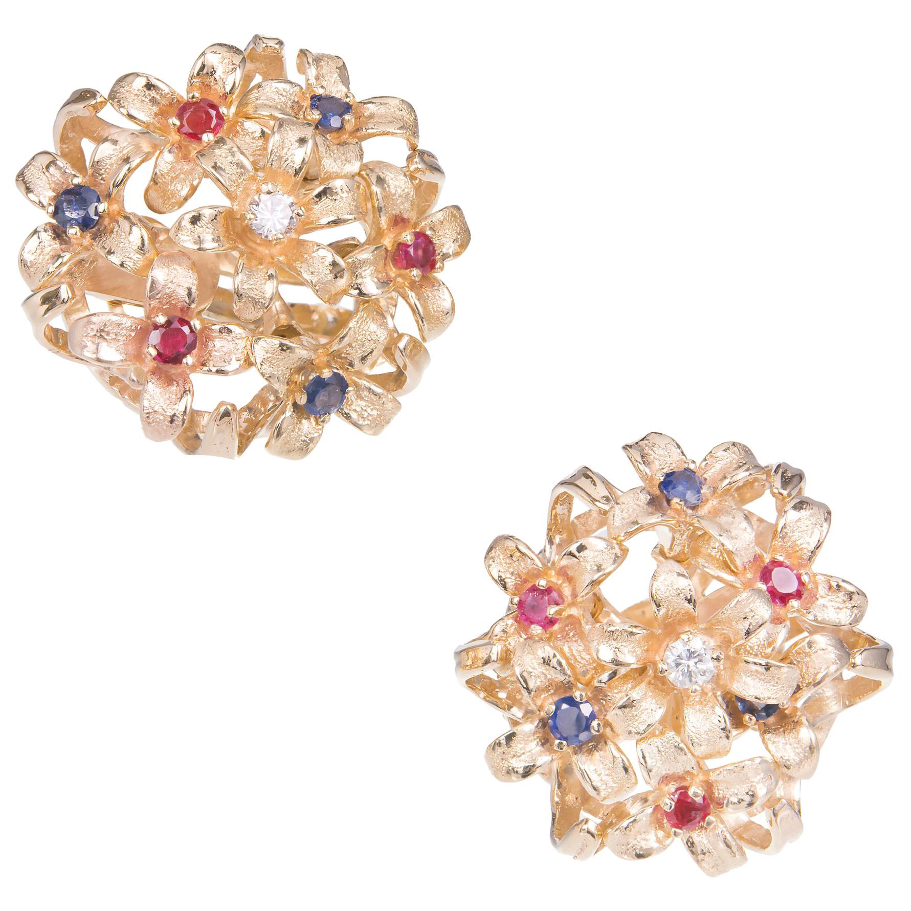 Sapphire Ruby Diamond Gold En Tremblant Clip Post Gold Flower Earrings