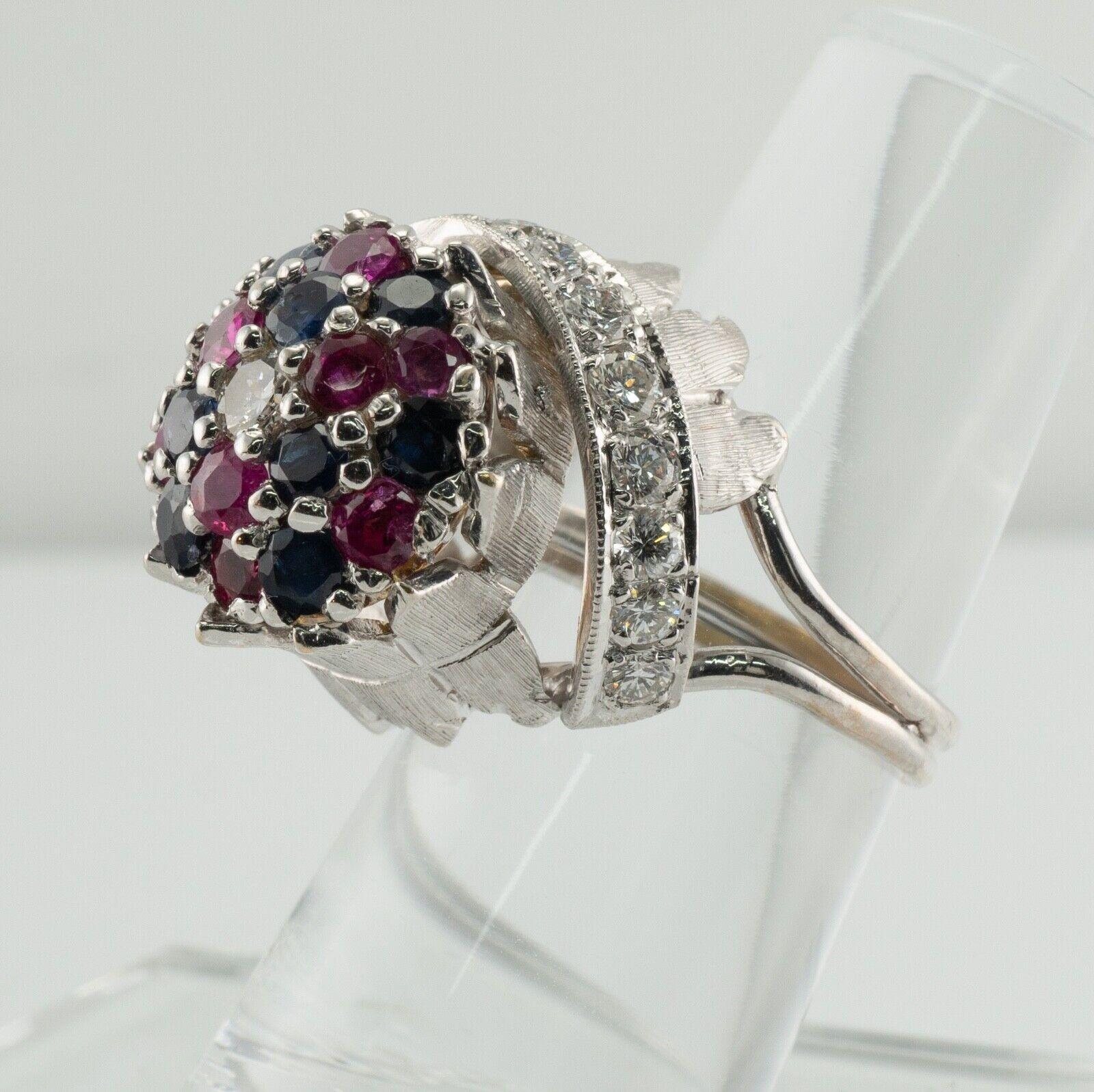 Sapphire Ruby Diamond Ring 18K White Gold Retro High Setting For Sale 5