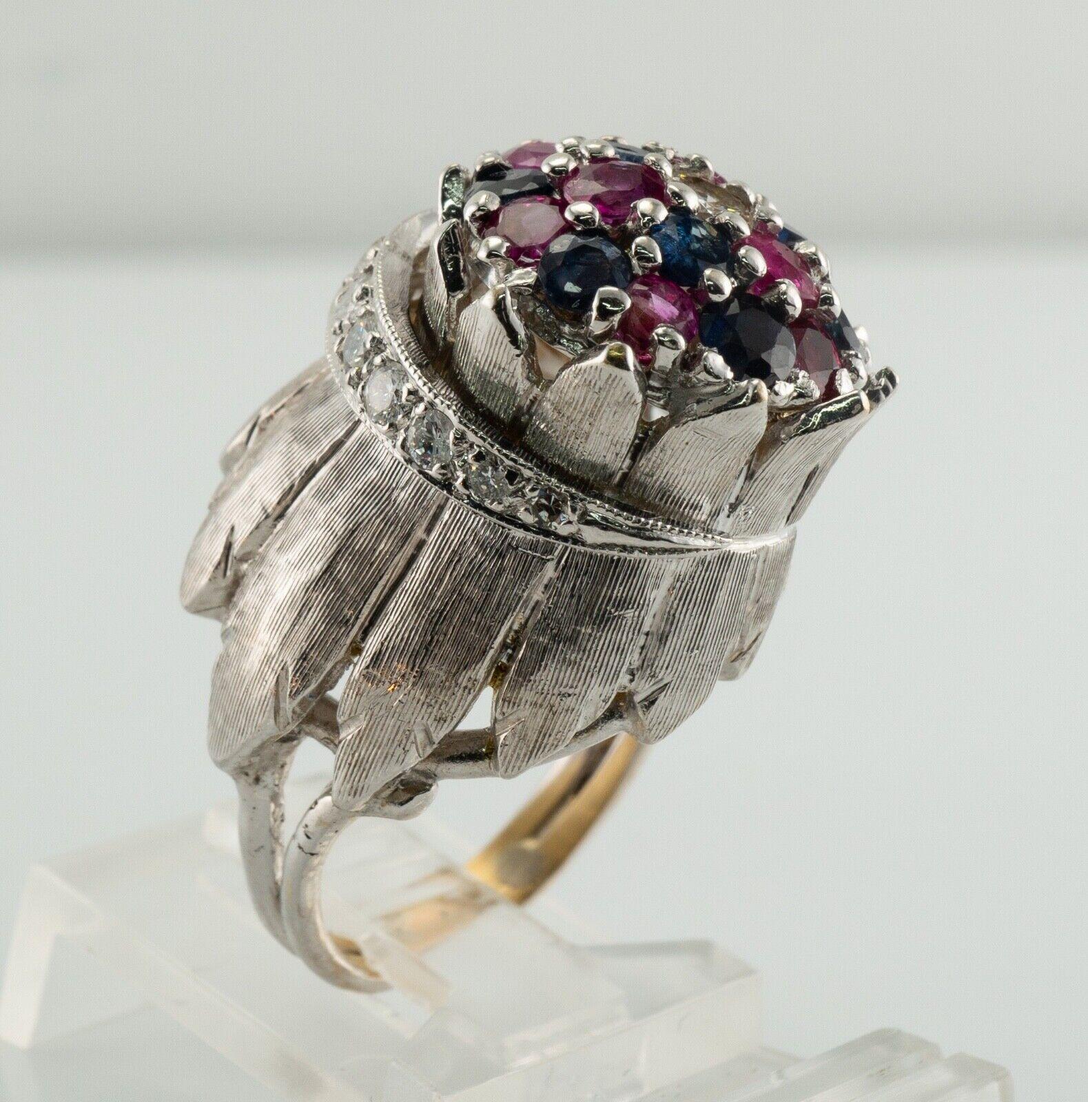 Sapphire Ruby Diamond Ring 18K White Gold Retro High Setting For Sale 6