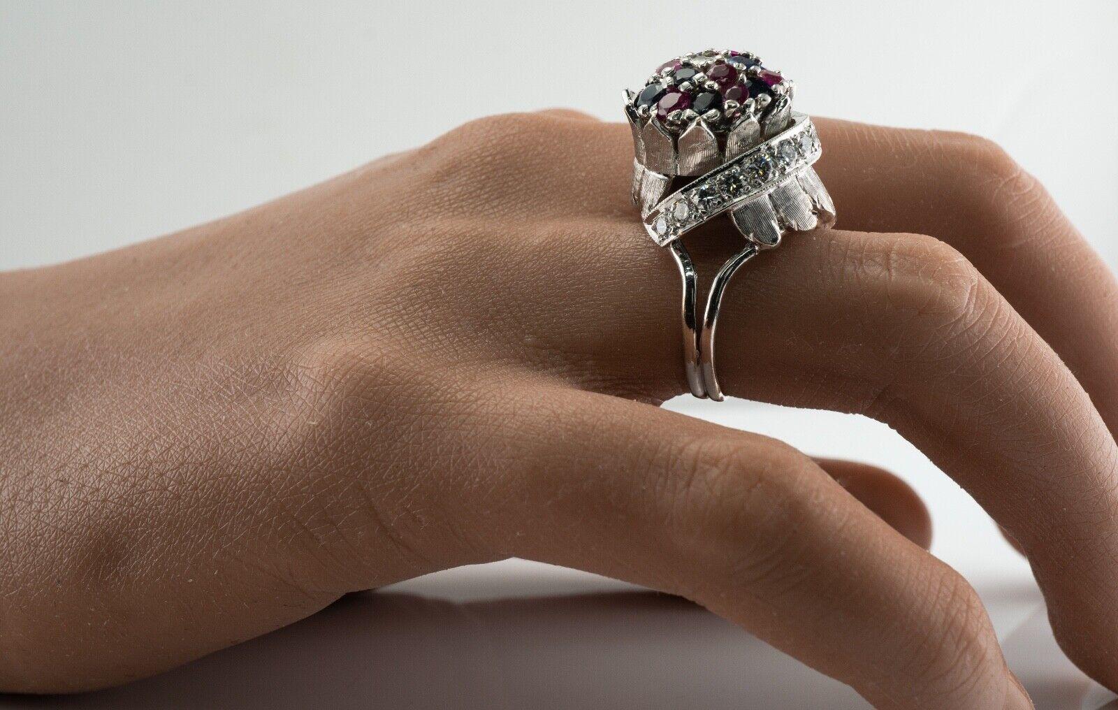 Sapphire Ruby Diamond Ring 18K White Gold Retro High Setting For Sale 7
