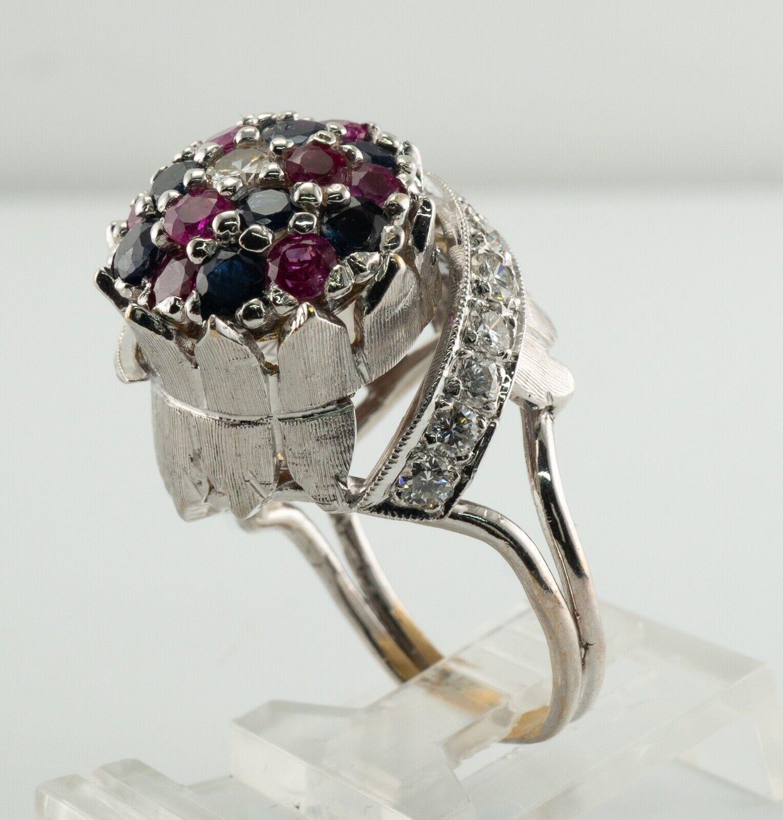 Sapphire Ruby Diamond Ring 18K White Gold Retro High Setting For Sale 8
