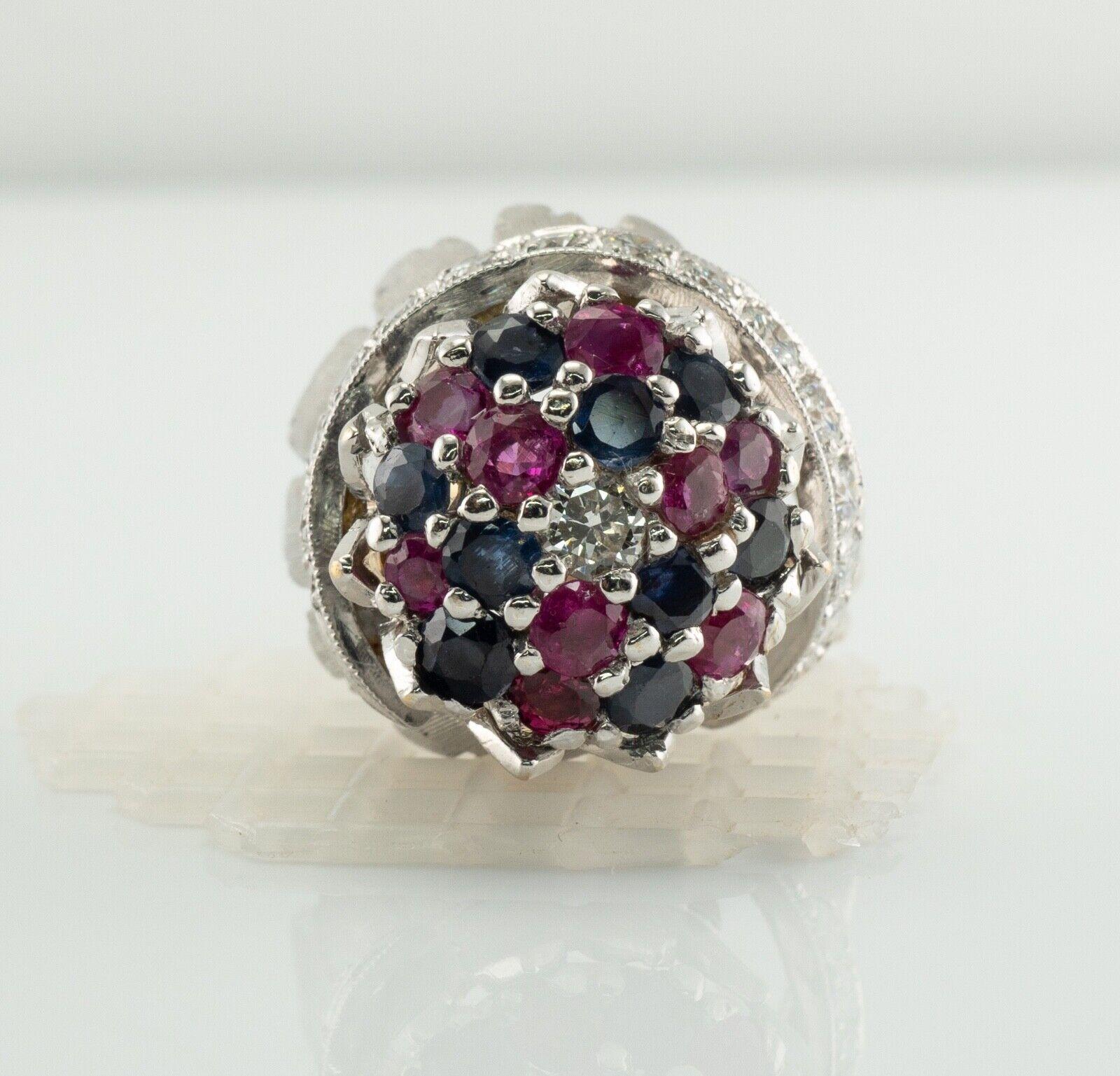 Sapphire Ruby Diamond Ring 18K White Gold Retro High Setting In Good Condition For Sale In East Brunswick, NJ