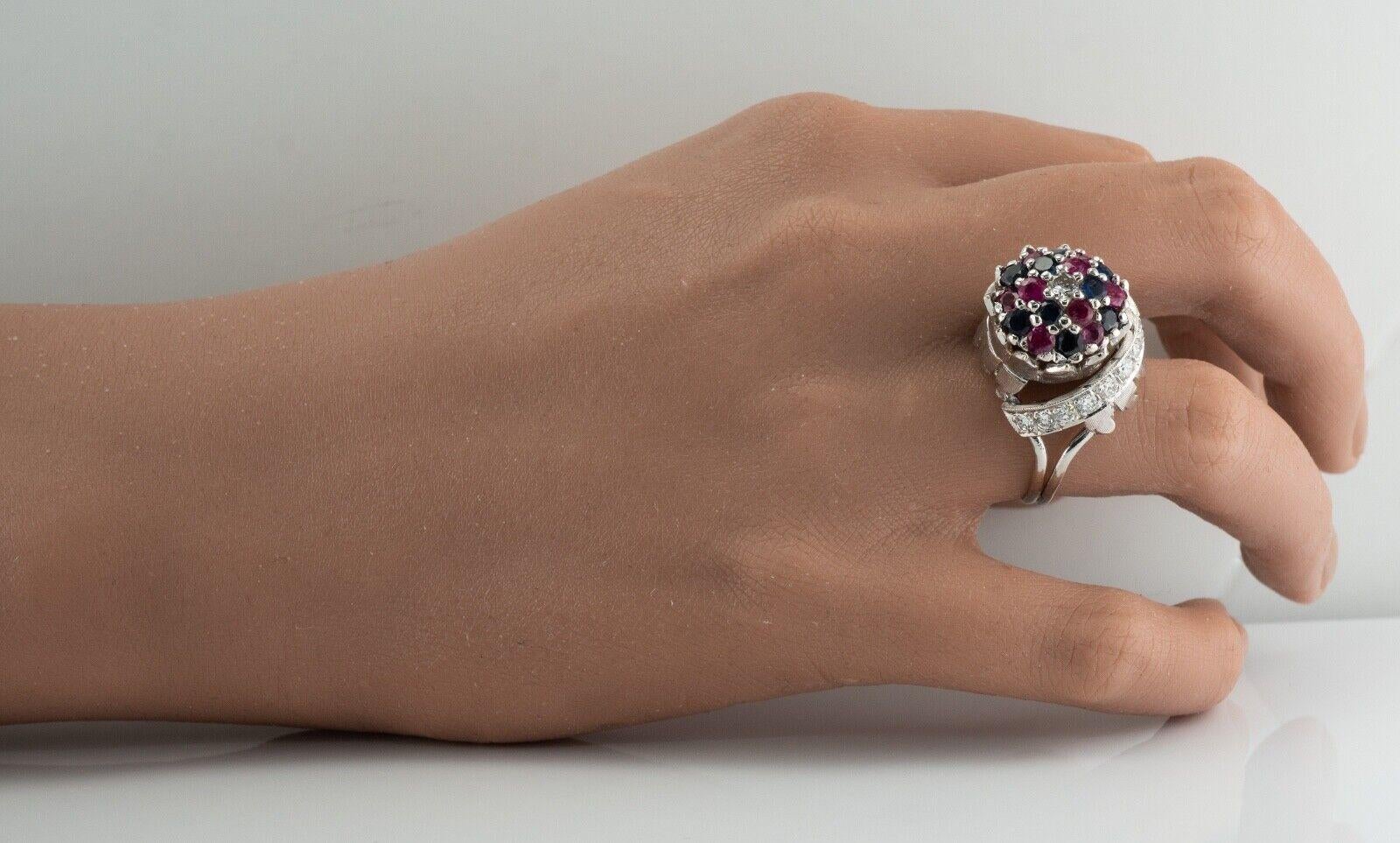 Women's Sapphire Ruby Diamond Ring 18K White Gold Retro High Setting For Sale
