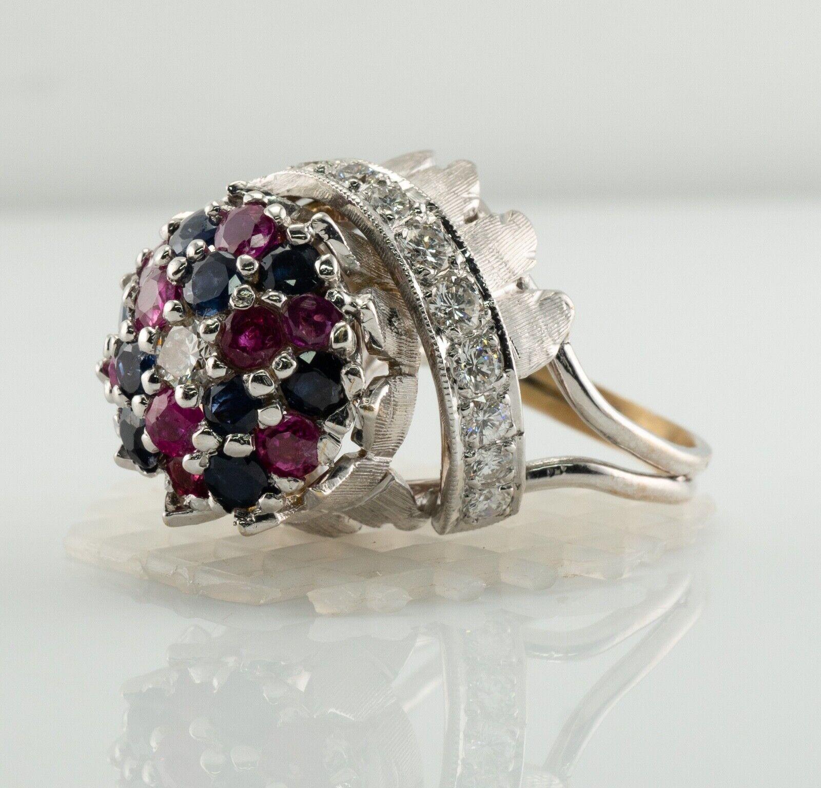 Sapphire Ruby Diamond Ring 18K White Gold Retro High Setting For Sale 2