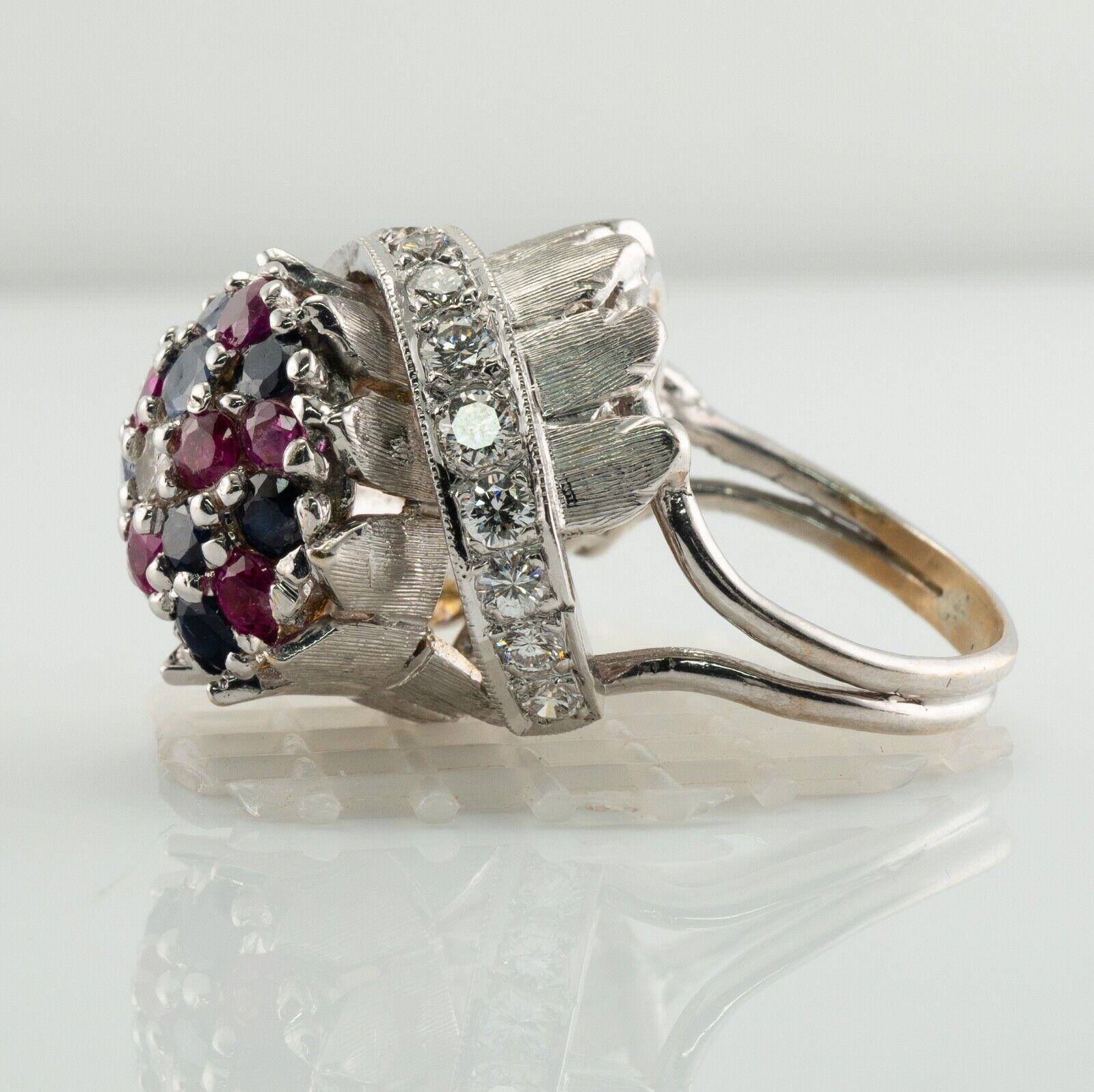 Sapphire Ruby Diamond Ring 18K White Gold Retro High Setting For Sale 3