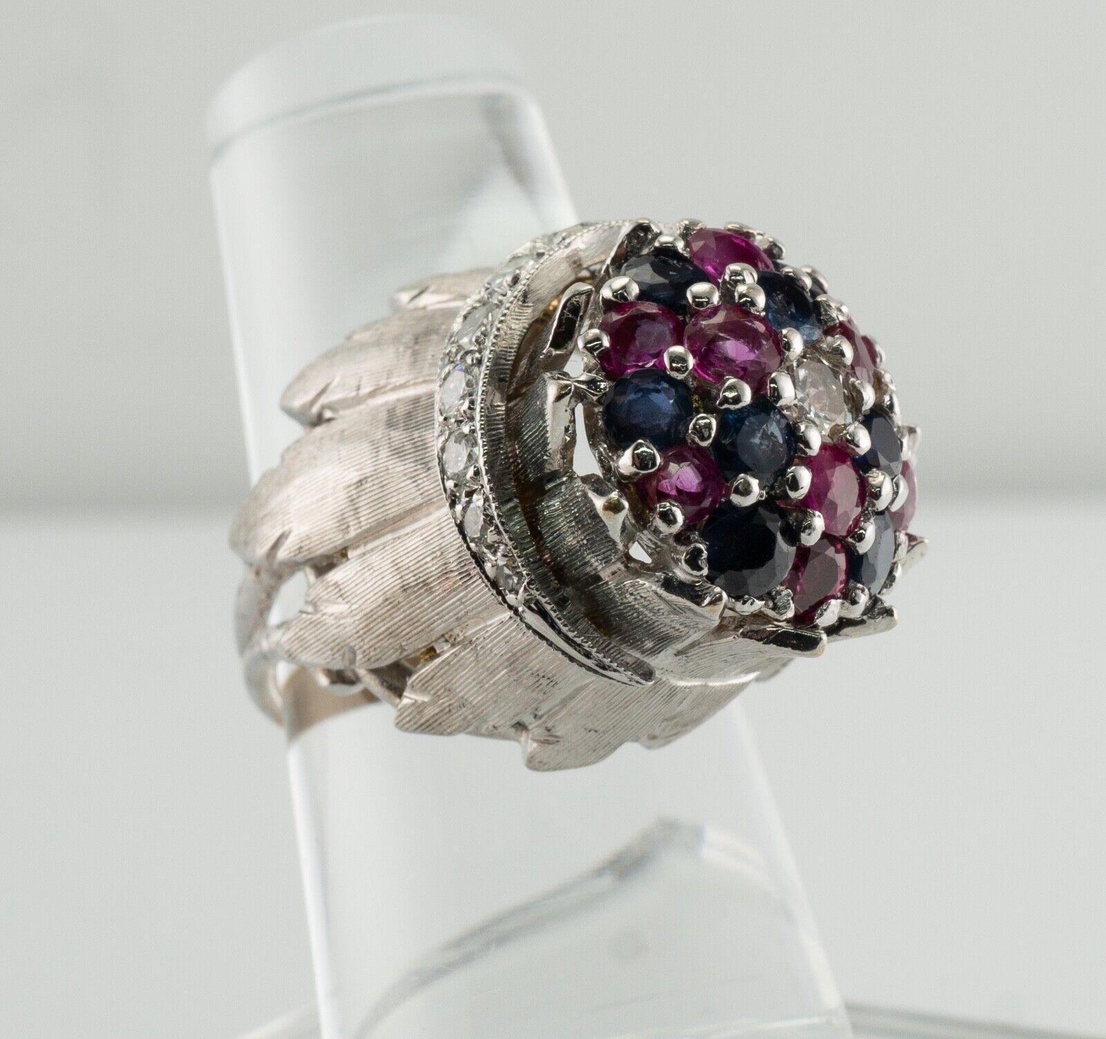 Sapphire Ruby Diamond Ring 18K White Gold Retro High Setting For Sale 4
