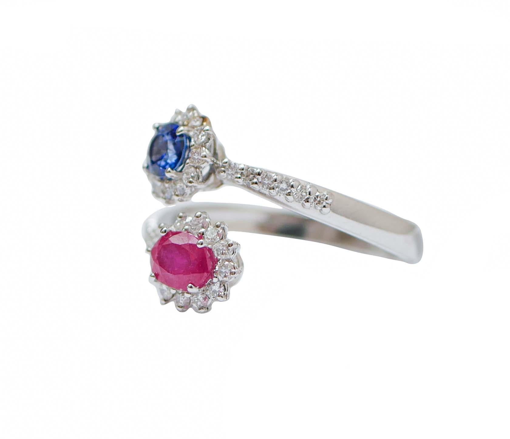 Mixed Cut Sapphire, Ruby, Diamonds, 18 Karat White Gold Modern Ring. For Sale