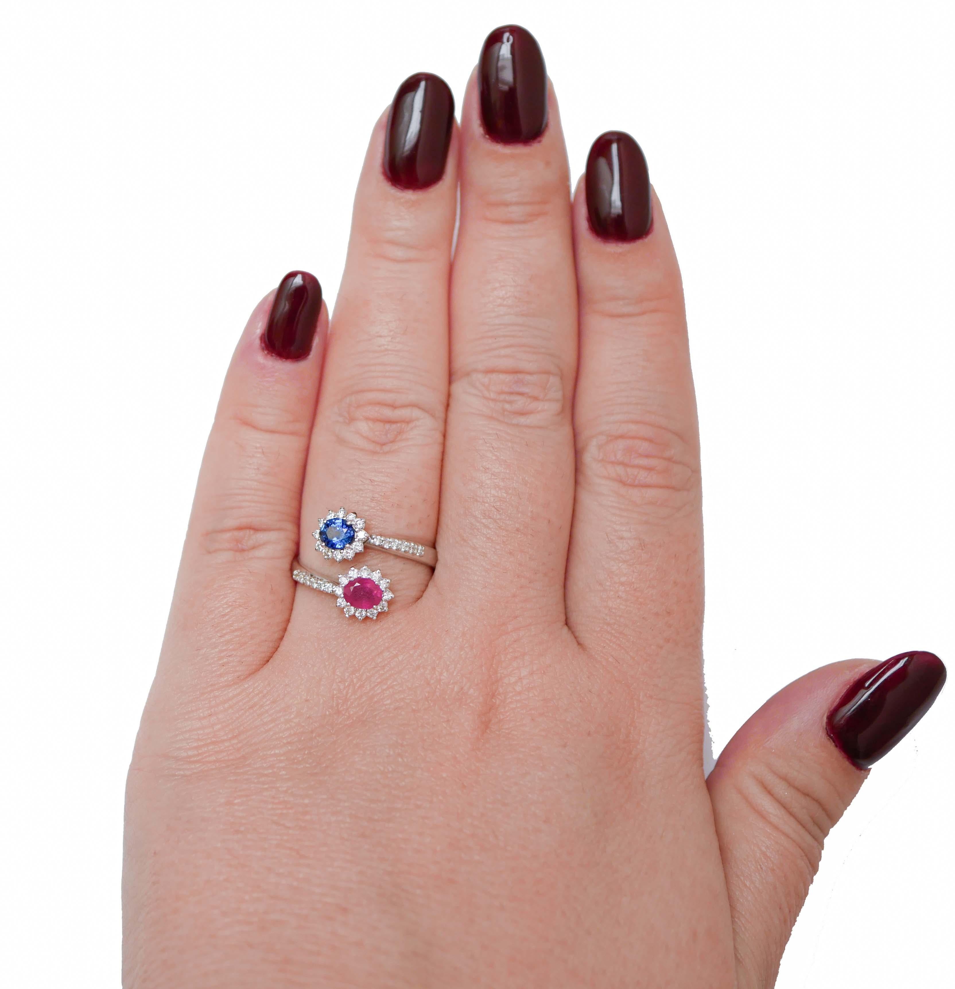 Women's Sapphire, Ruby, Diamonds, 18 Karat White Gold Modern Ring. For Sale