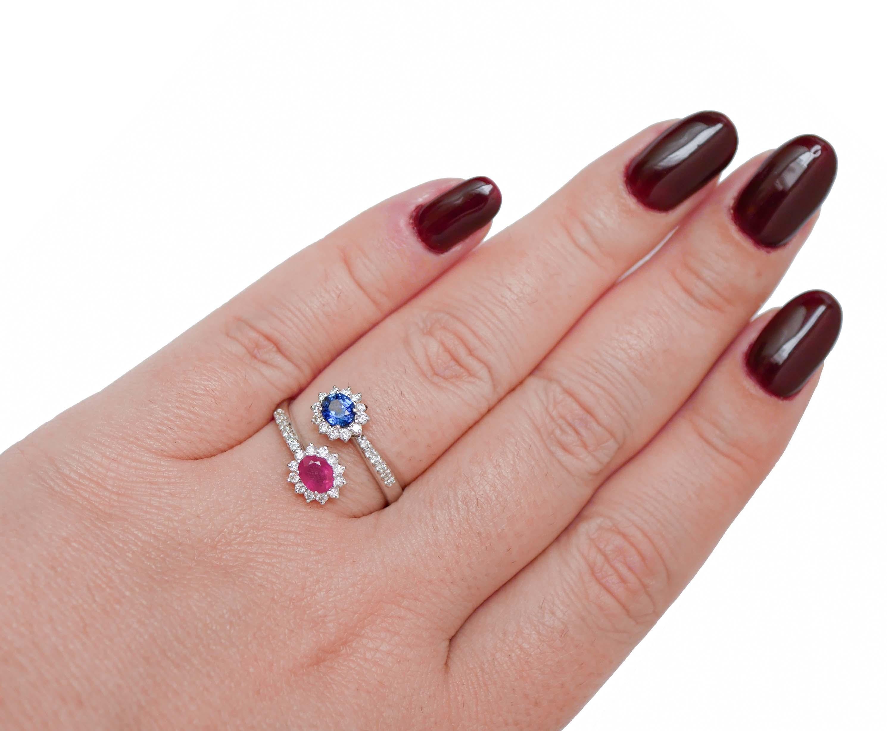 Sapphire, Ruby, Diamonds, 18 Karat White Gold Modern Ring. For Sale 1