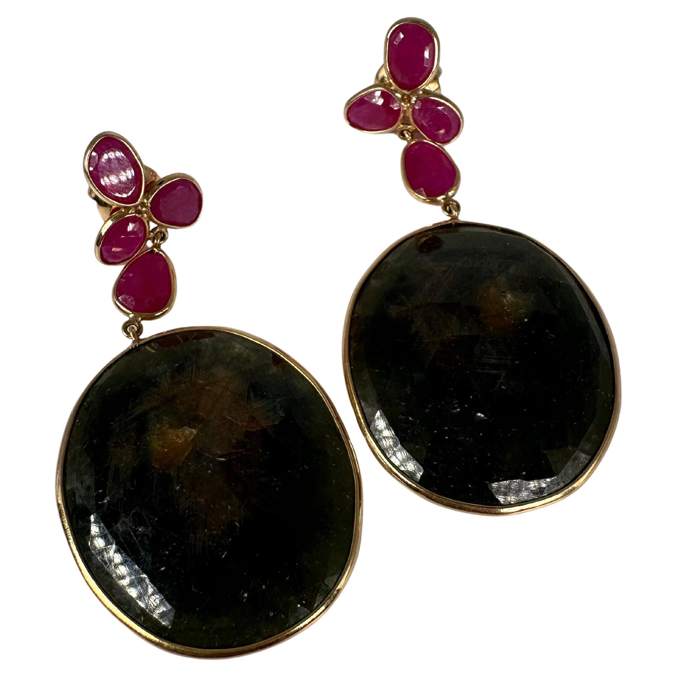 Sapphire Ruby earrings 14KT gold large cocktail earrings