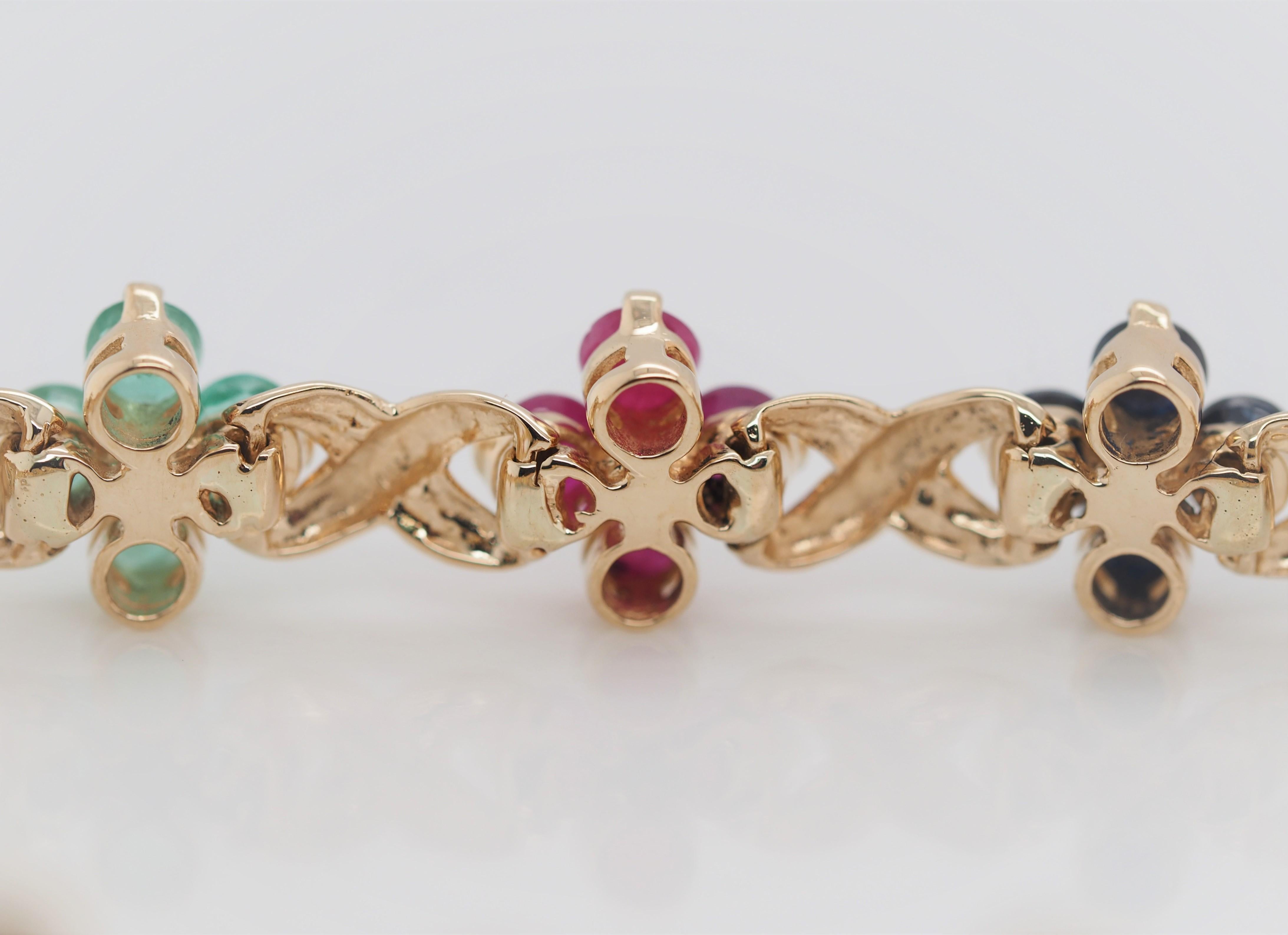 Sapphire Ruby Emerald 14 Karat Yellow Gold Flowers Link Bracelet For Sale 1