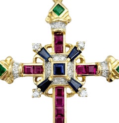 Sapphire, Ruby, Emerald and Diamond Cross Pendant Set in 18 Karat Yellow Gold