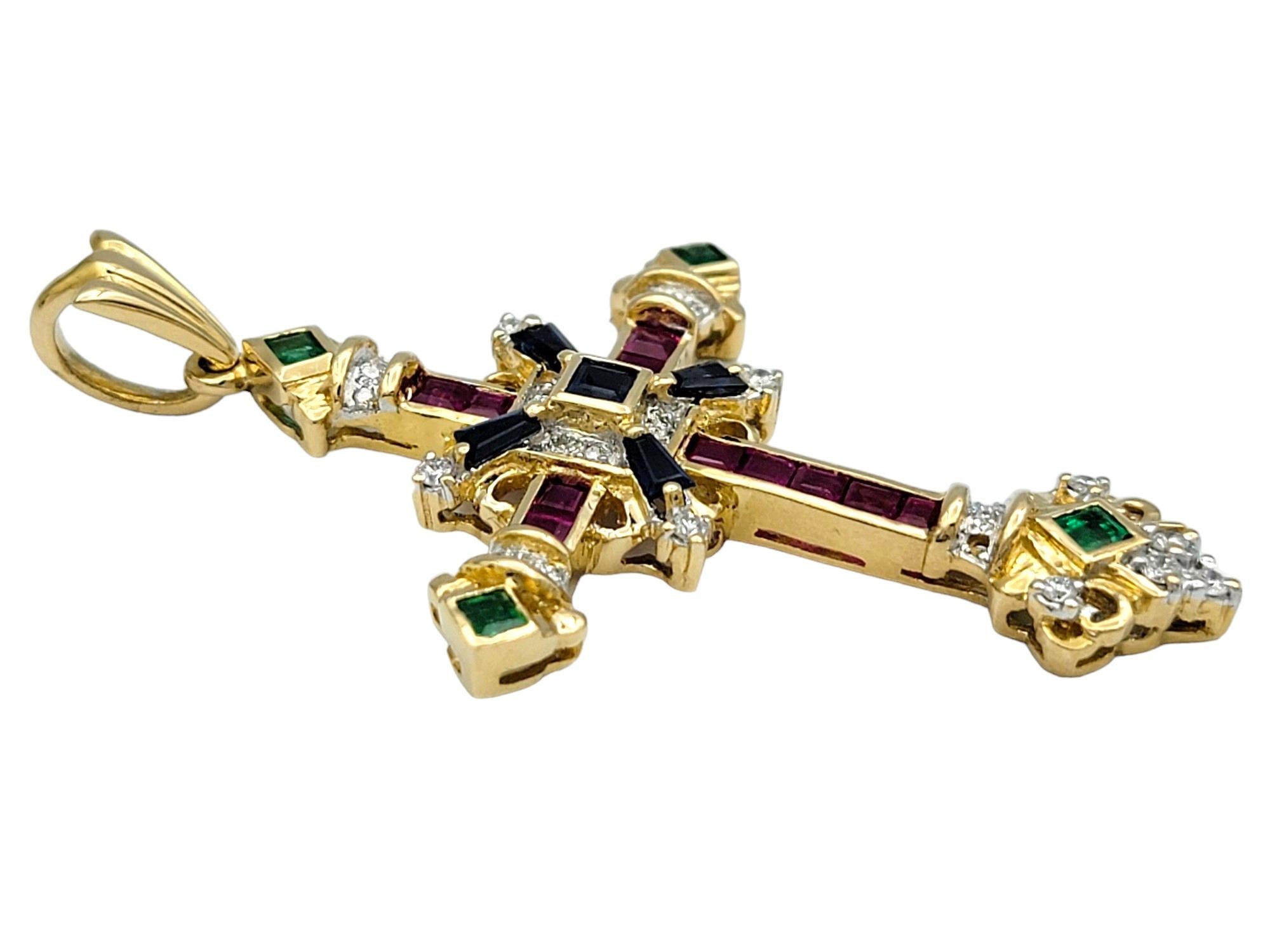 Contemporary Sapphire, Ruby, Emerald and Diamond Cross Pendant Set in 18 Karat Yellow Gold For Sale