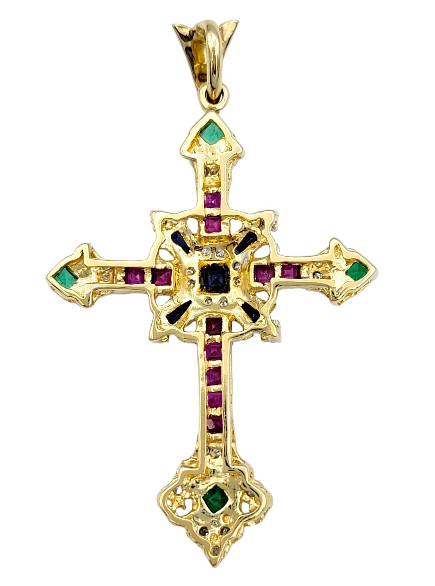 Square Cut Sapphire, Ruby, Emerald and Diamond Cross Pendant Set in 18 Karat Yellow Gold For Sale